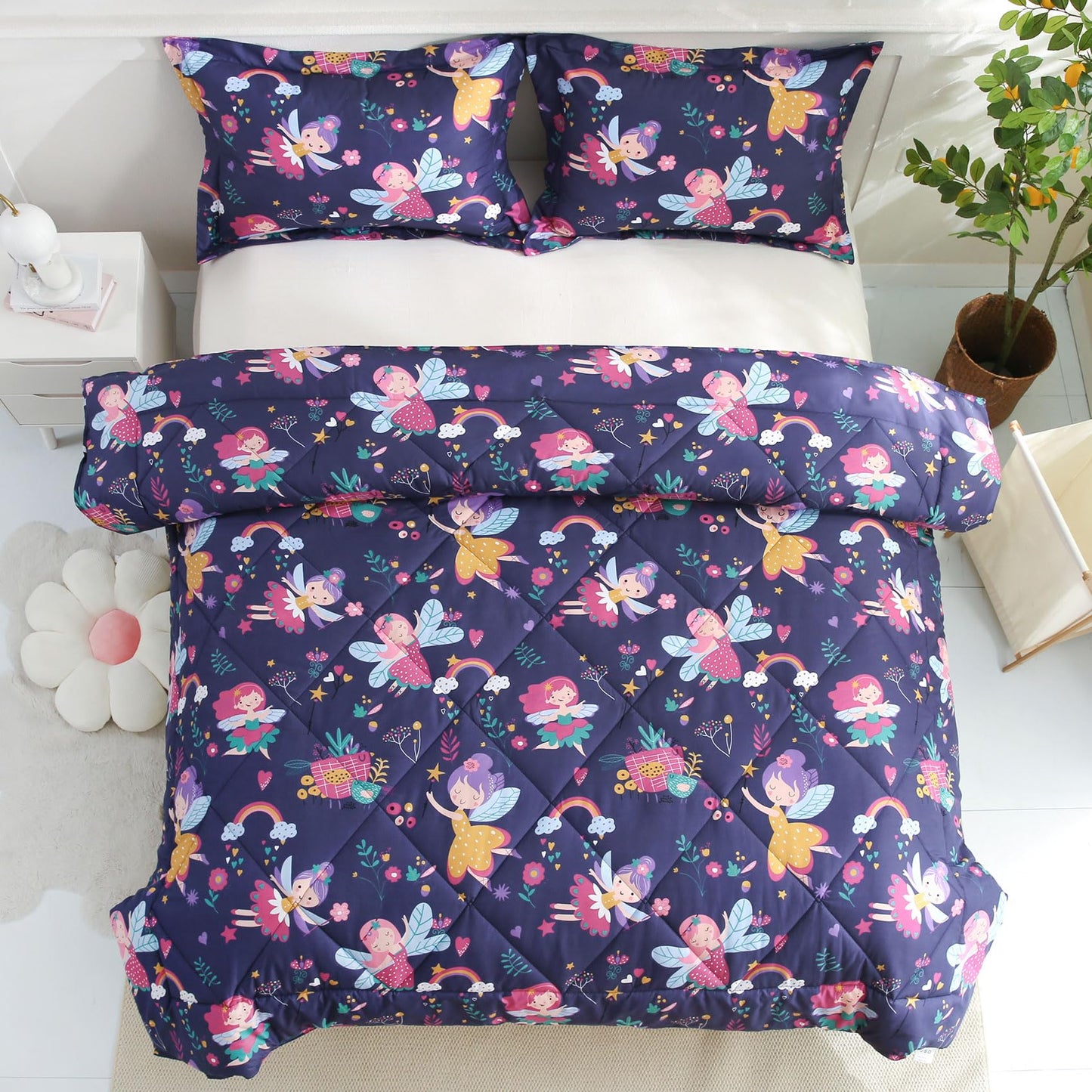 JSD Fairy Kids Comforter Set Twin Size, 2 Piece Girls Floral Printed Microfiber Bedding Set, Machine Washable