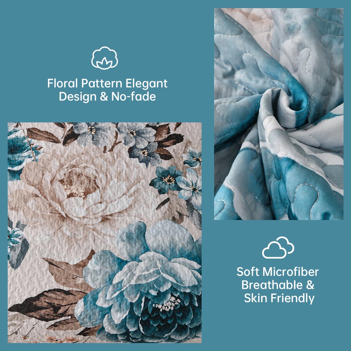 WONGS BEDDING Floral Quilt Set Aqua Queen,Quilted Printed Lightweight Bedspread Bedding Set for All Season,3 Pieces Reversible Botanical Plant Coverlet Set with 2 Pillow Shams