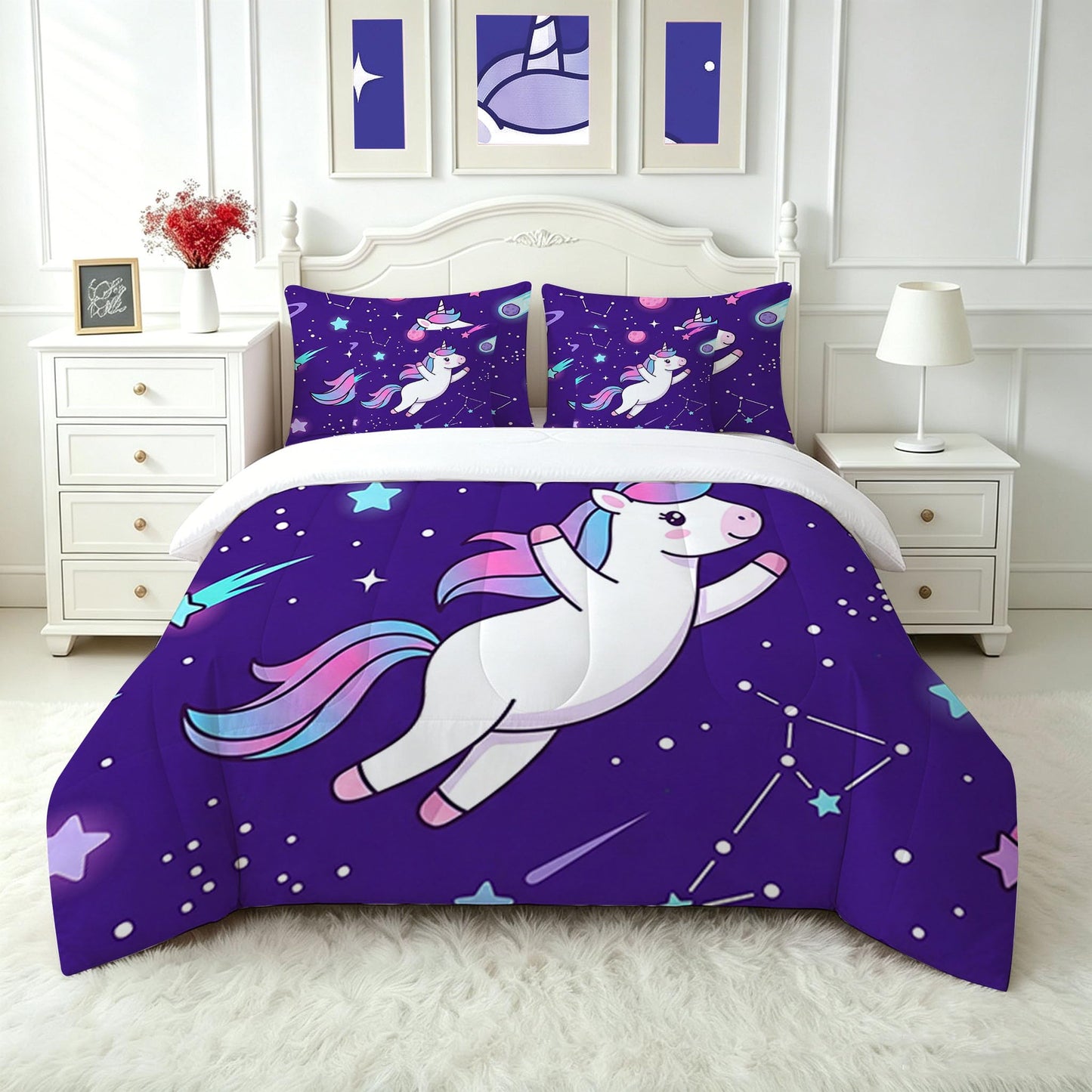 FUYEUN Unicorn King Comforter Set with Sheets for Kids Boys Girls Starry Sky Print 7 Pieces Cute Bedding Set Cartoon Animal Bed in a Bag Princess Room Decor