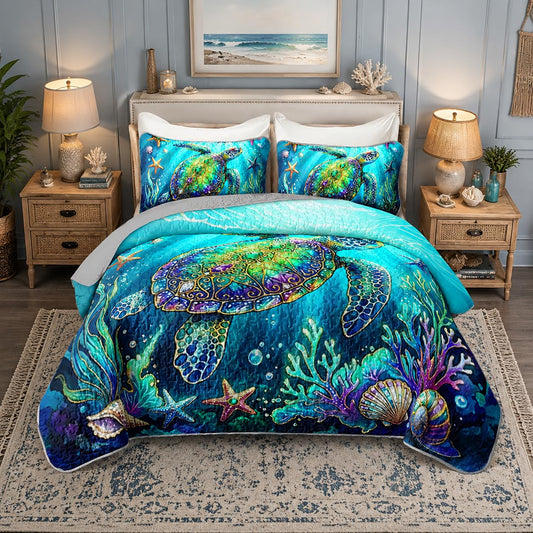UEVBF Teal Ocean Theme Quilts Set King Size,3Pcs Sea Turtle Coral Shell Bedspread for Kids Adults Girls Boys Room Decor,Soft Lightweight Bedding Sets with 2 Pillowcases.