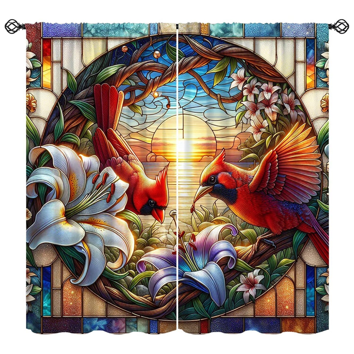 FengMingRui Stained Glass Cardinal Curtain Nature Scenery Floral Flowers Bird Abstract Geometry Window Treatments for Kids Boys Girls Bedroom Living Room Window Drapes 42" W X 45" L
