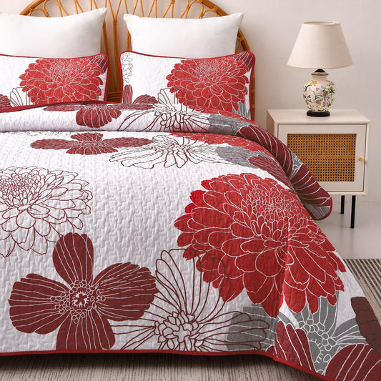 Queen Quilt Sets Red Floral Pattern Quilt Bedding Set, 3 Pieces Botanical Quilt Soft Microfiber Bedspread Coverlet Set, Boho Bed Cover Bedding Set for All Season(96" x 90)