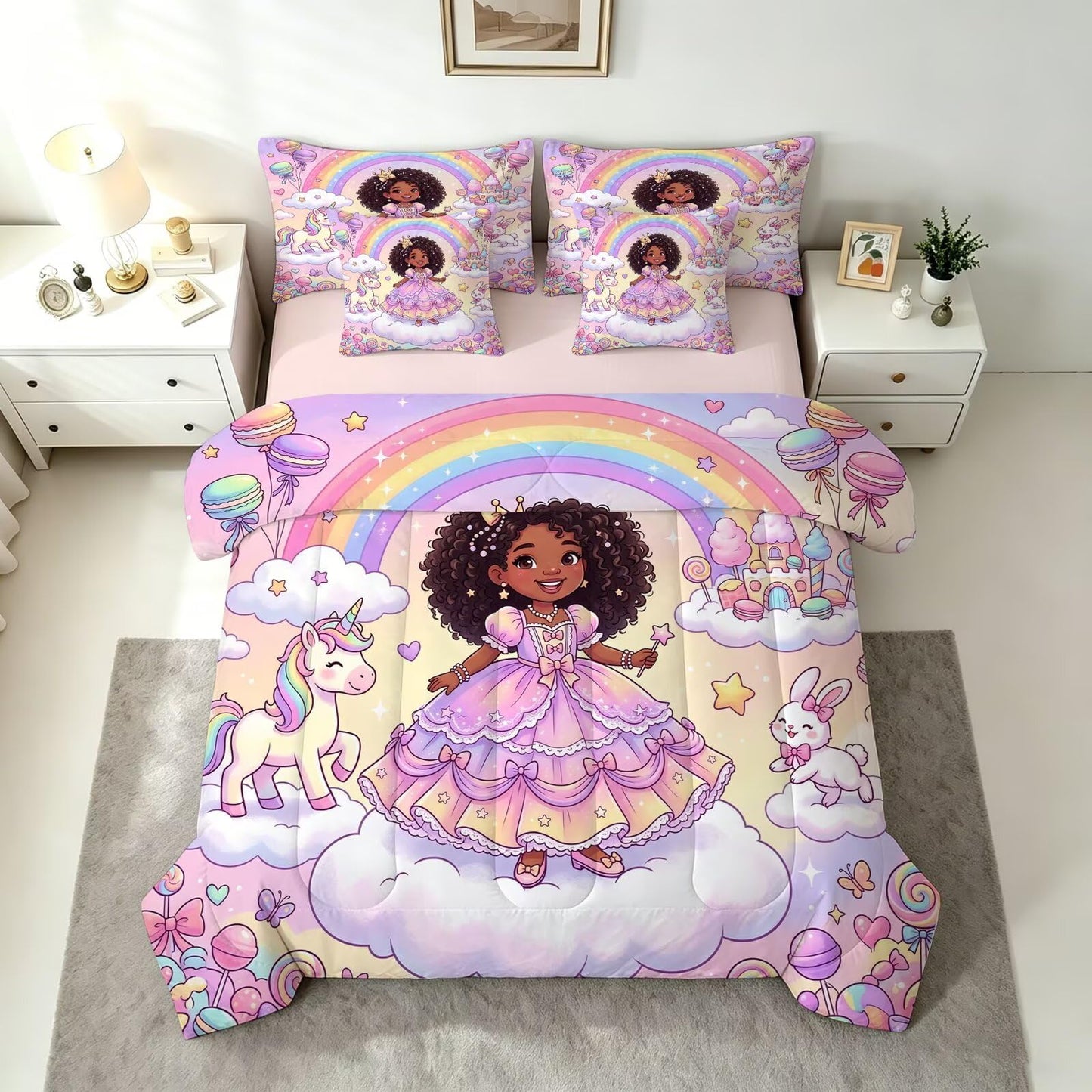 FUYEUN Rainbow Princess Unicorn 7 Piece Twin Comforter Set for Girls
