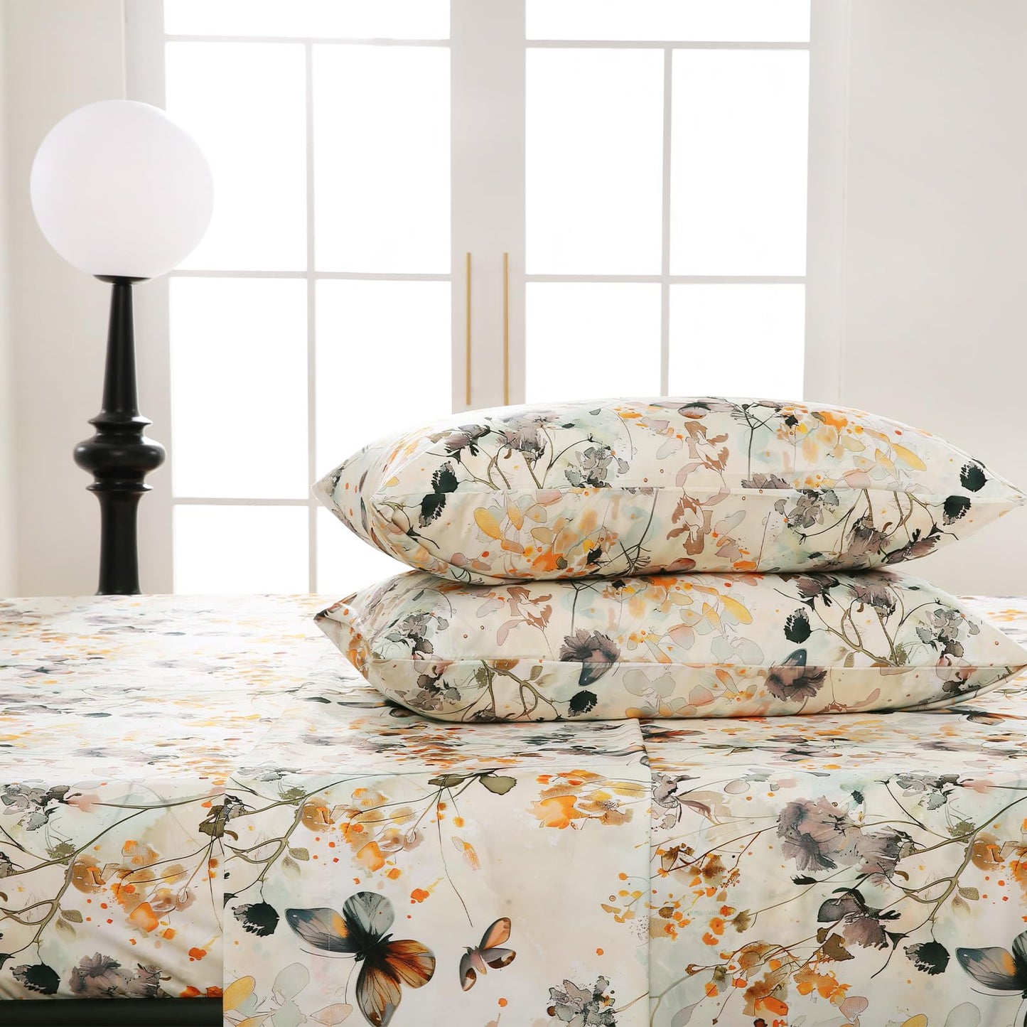 CozySmile Floral Printed Sheet Set King Size 4 Piece,Soft & Breathable Deep Pocket 16" Cooling Wrinkle Free Comforter Bed Set Botanical Pattern Sheets (King, Butterflies Dancing)