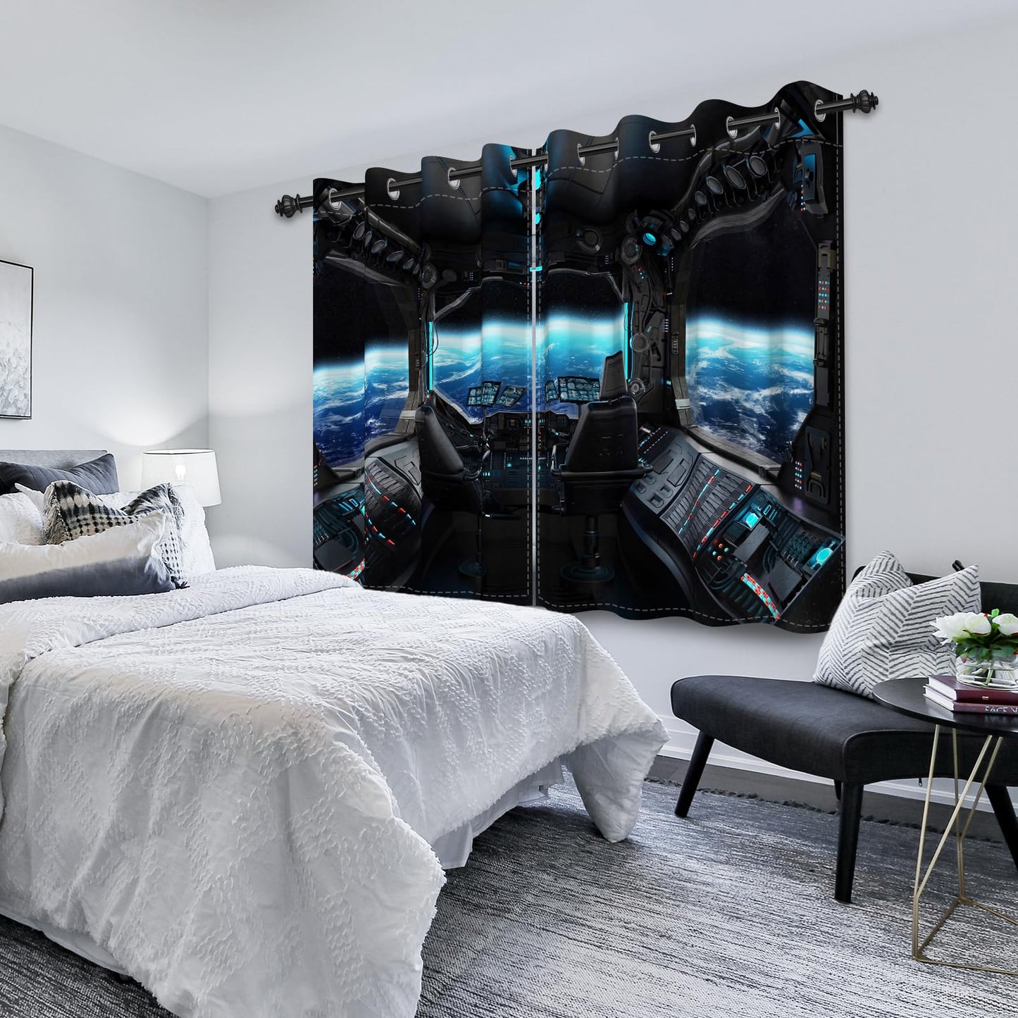 Renaiss Spacecraft Interior Window Curtains Futuristic Spaceship Cockpit Window Treatments Outer Space Earth View Blackout Drapes for Bedroom Living Room French Door Decor 42x63 Inches x 2 Panels