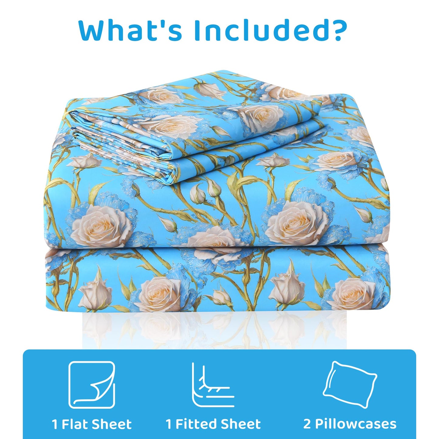 Mooreeke Cozy Floral Microfiber Printed Twin Sheet Set - Soft & Breathable 3D Rose Bed Sheets with Deep Pocket - Non-Slip Fitted Design - Blue White Rose Pattern - Full