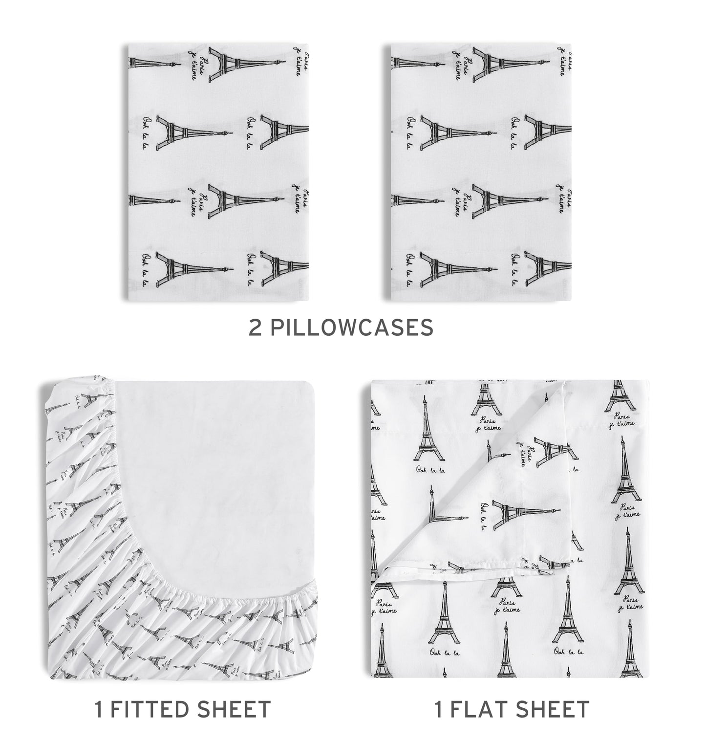Beatrice Home Fashions Printed Microfiber Sheet Set, Soft Comfortable Easy Care, Includes 1 Fitted Sheet with 12" Deep Pockets, 1 Flat Sheet, Pillowcase, Full, White Paris