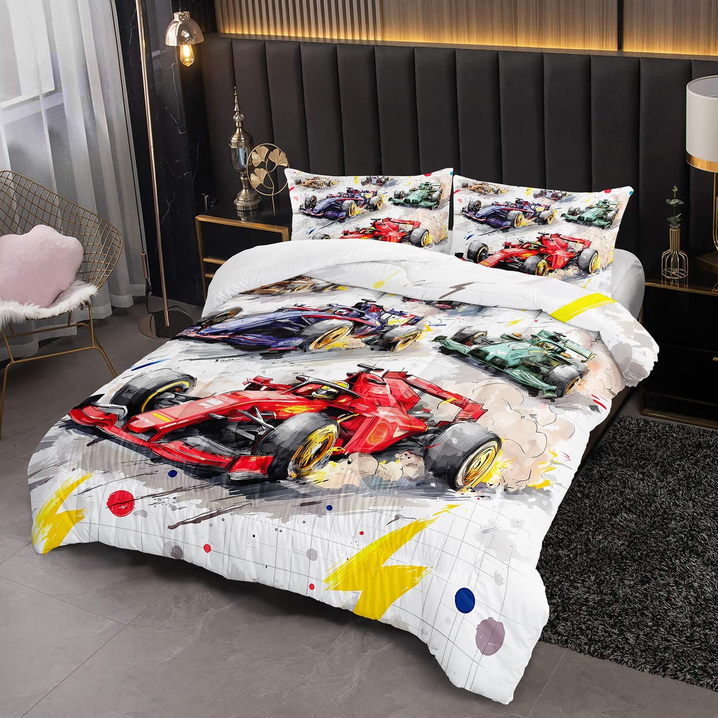 lneffble Race Car Comforter Full Size,Race Car Kids Comforter Set,3Pcs Bedding Set Printed Comforter with 2 Pillowcases,Down Alternative,Soft and Lightweight,for All Seasons