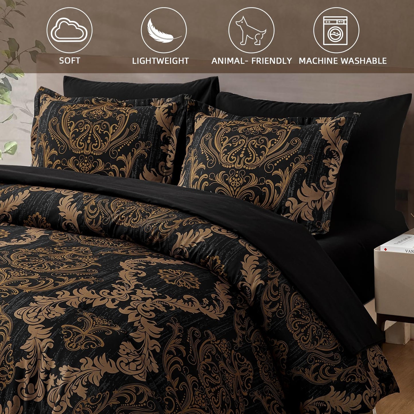 WONGS BEDDING Black Comforter Set Queen Size, Gold Damask Texture 7 Pieces Bed in a Bag Microfiber Comforter Bedding Sets -1 Comforter, 1 Flat Sheet, 1 Fitted Sheet, 2 Pillow Shams, 2 Pillowcases