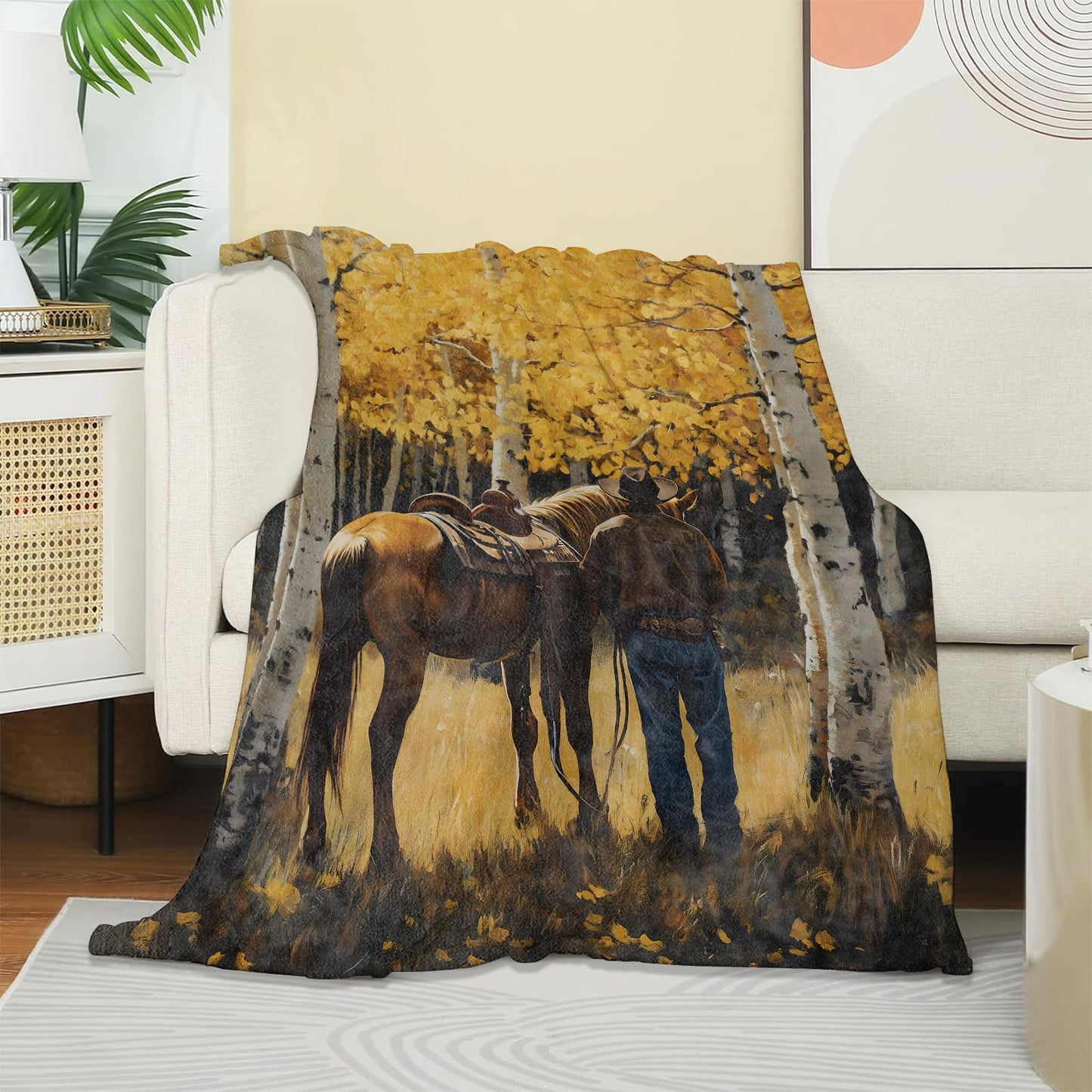 UNDAHIS Cowboy and Horse Blanket, Soft Warm Cozy Autumn Aspen Forest Nature Scene Throw Blanket for Adults Kids Women Men, Lightweight Fuzzy Flannel Blankets for Couch, Travel, Home Decor 60×50 Inch