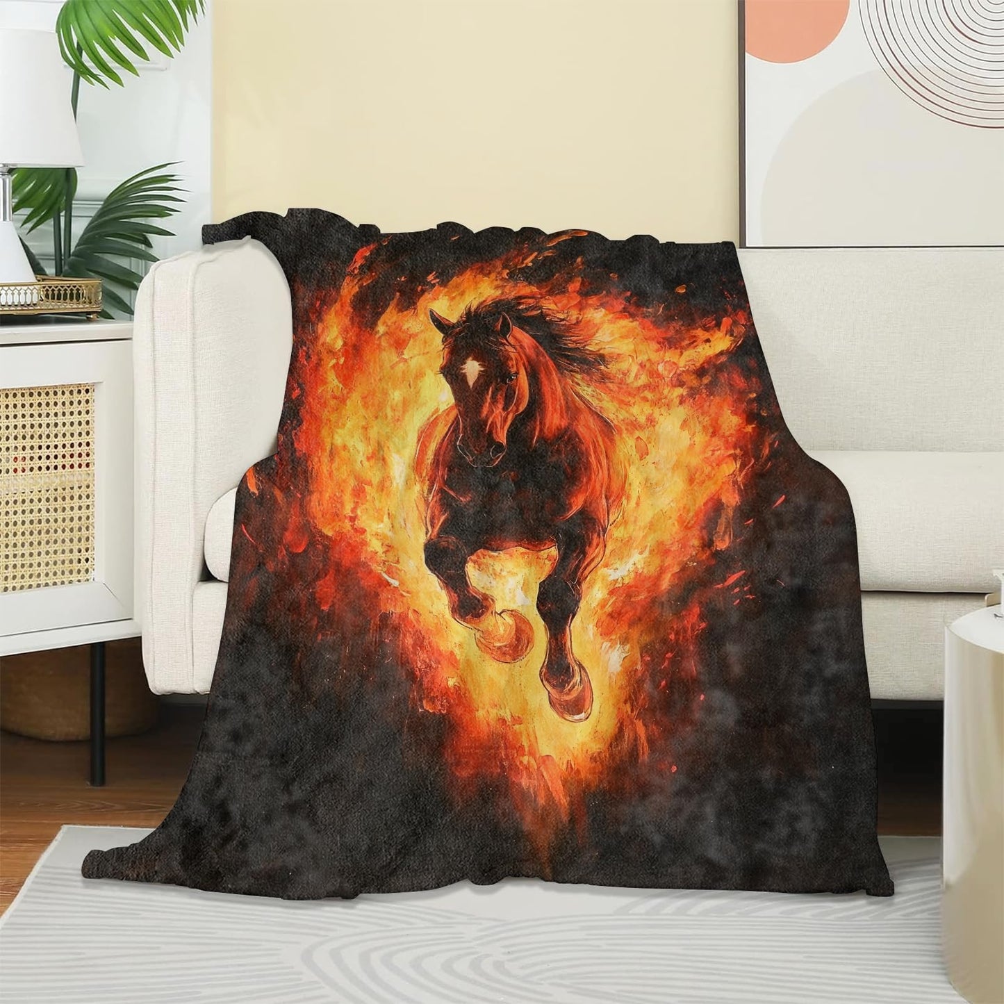 UNDAHIS Cool Fire Horse Blanket, Gifts for Boys Men and Animal Lovers, Fantasy Design Throw Blankets, Soft Lightweight Flannel Throws, Bedding Office Dorm Picnic RV Cabin Decor, All Season, 50"x60"