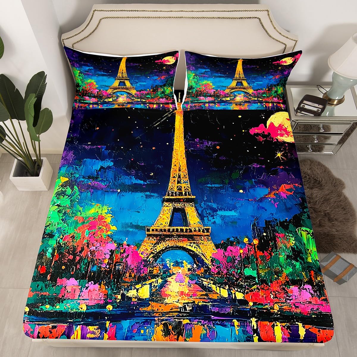Feelyou Kids Eiffel Tower Bed Sheet Set Full Size, Valentine's Day Bedding Set Paris Fitted Sheet Boys Girls Romantic Teens Bed Cover Bedroom Decor (2 Pillow Cases and a Fitted Sheet)
