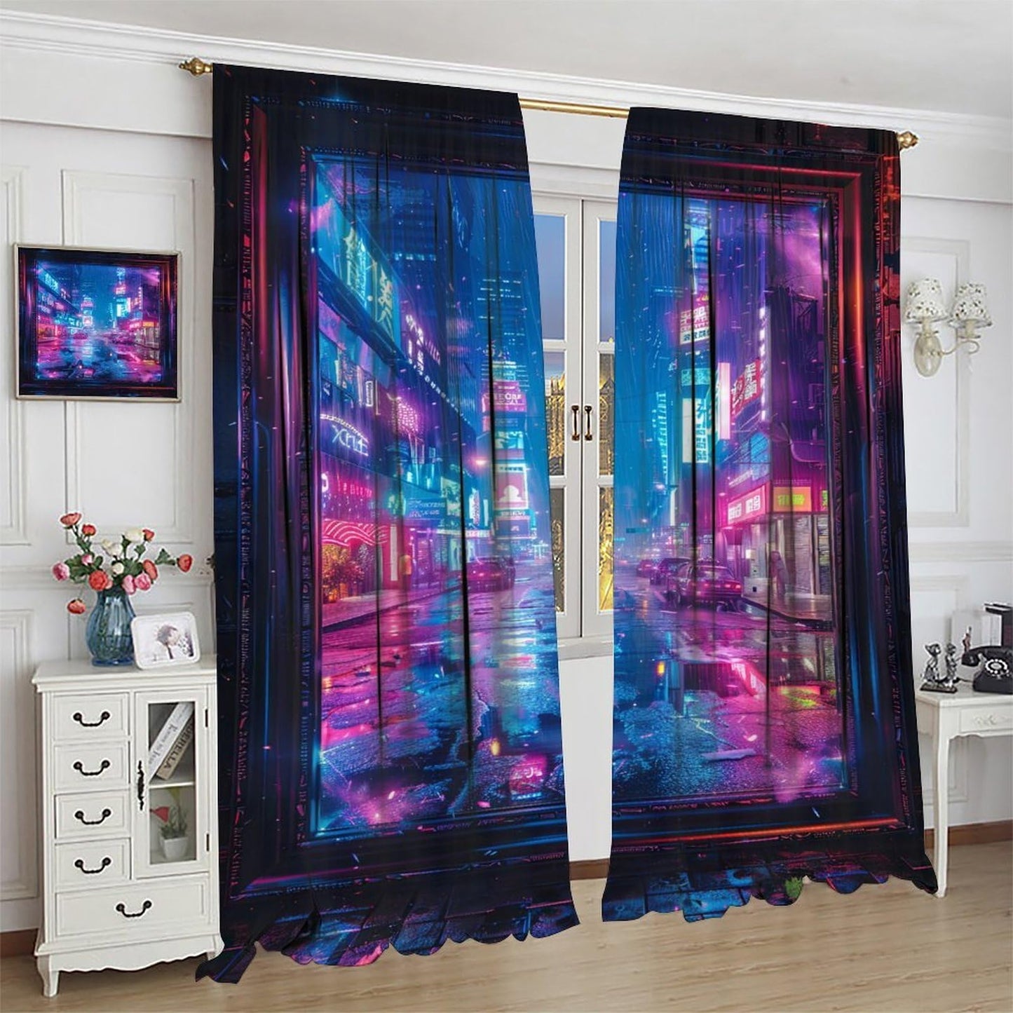 VUMIVI Cyberpunk Game Curtains Blue Futuristic Cityscape Skyscrapers Streets Car Wooden Frames Rod Pocket Window Treatments for Kids Boys Girls Gaming Bedroom Sci-Fi Tech Expo 42" W X 44.5" L