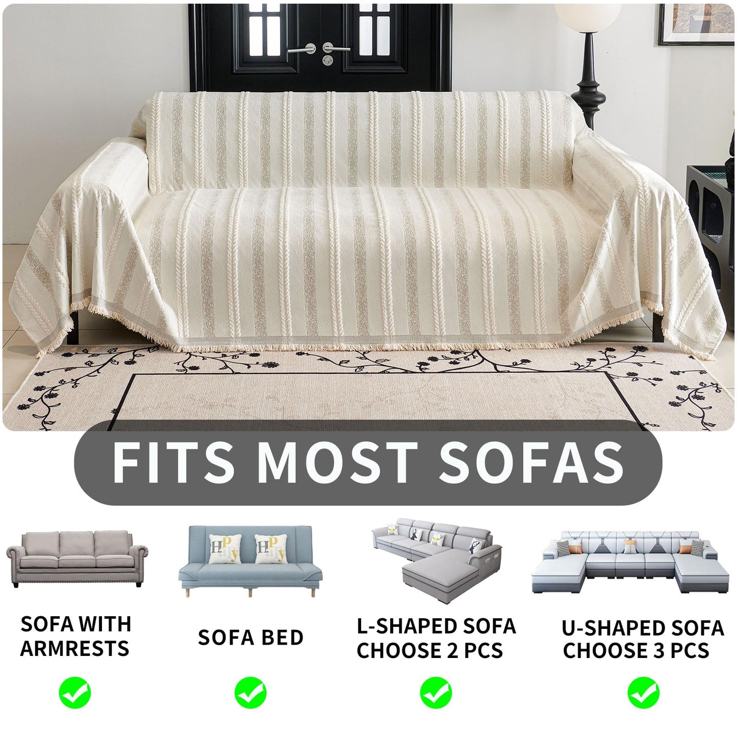 HAOMAIJIA Non Slip Couch Cover Sofa Covers for 3 Cushion Couch Washable sectional Couch Covers for Dogs pet Furniture Protector Couch Cover Blanket for Living Room (TM-Cream White, 91"x134")