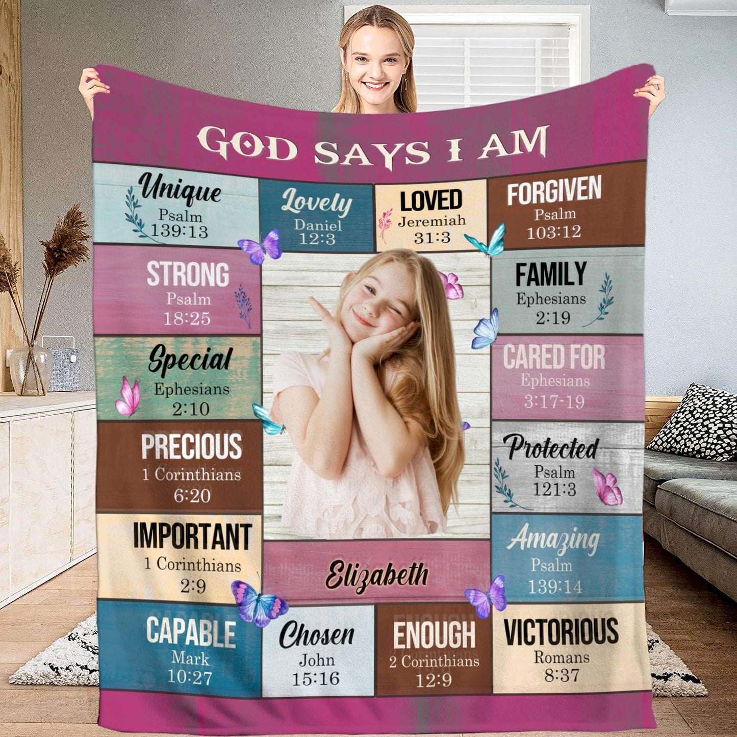 God Says I Am Blanket, Personalized Christian Throw Blanket,Inspirational Jesus Throw Blankets,Confirmation Catholic Spiritual Blankets for Kids (Custom Photo God Says I Am - Wooden Board Style)