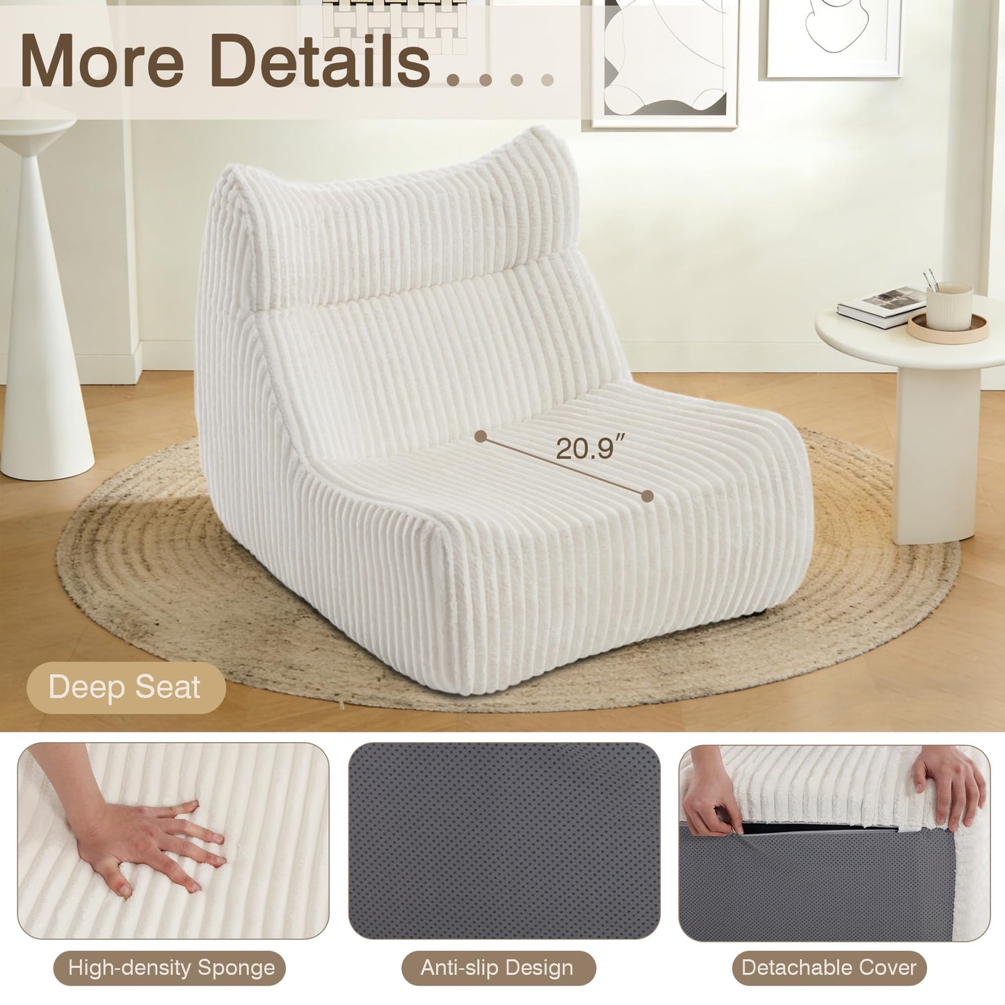 Ayiseedmid Big Bean Bag Chairs, Lazy Floor Sofa, Fireside Chair for Living Room, Bedroom, Office (White, Single Seat)