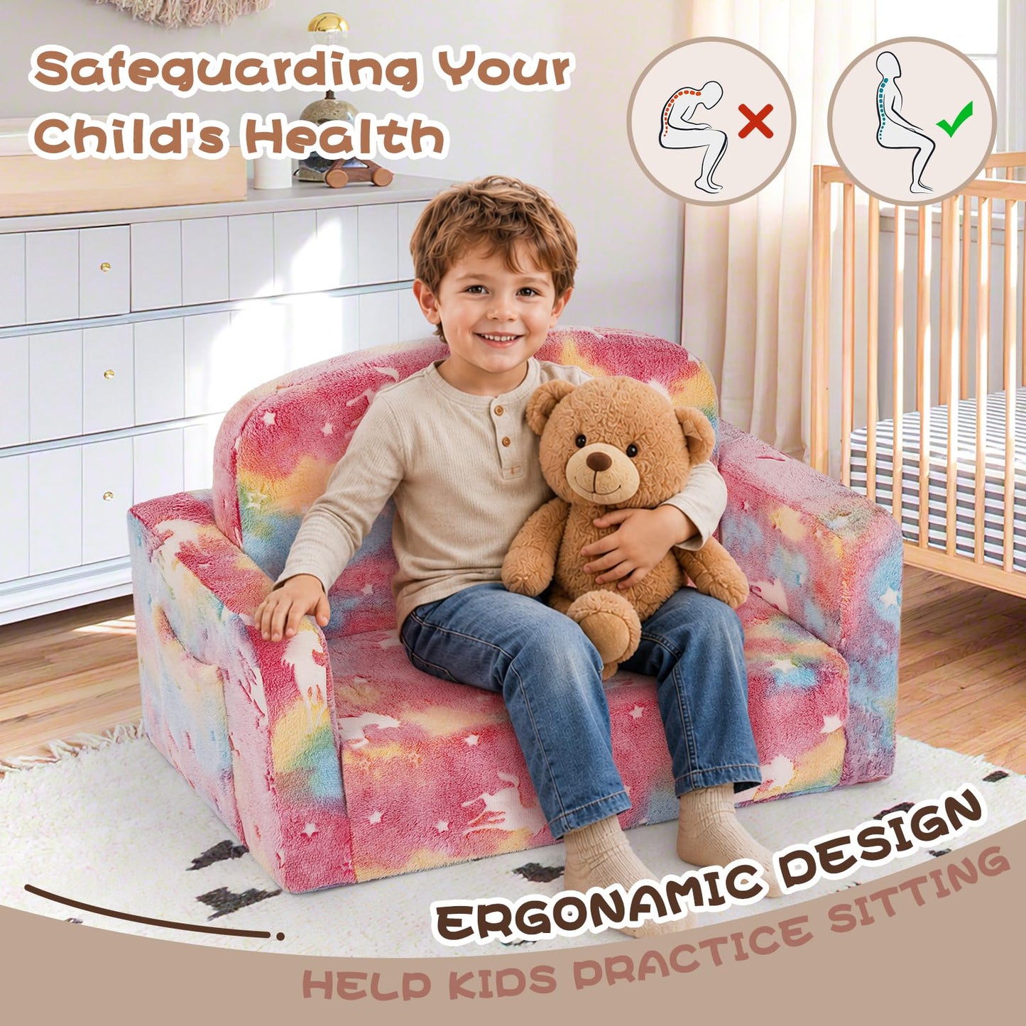 Foryoomi Extra Wide Kids Couch, Kids Sofa, Toddler Sofa, Glow in The Dark, 2-in-1 Soft Toddler Couch with Blanket and Pillow, Pink
