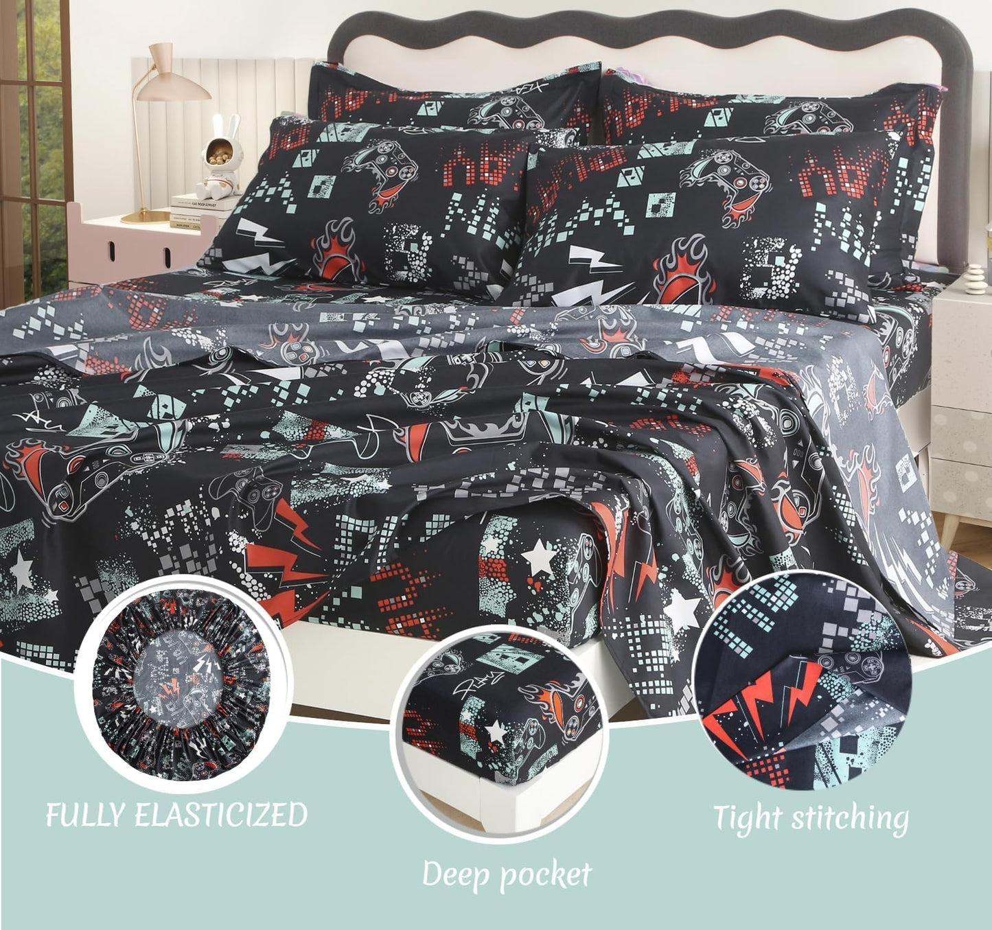 SDY 7PCS Twin Size Gaming Bedding Set - Soft Video Game Comforter Set for Boys, Girls & Kids, Gamer Themed Bed Set with Comforter, Sheets & Pillowcases
