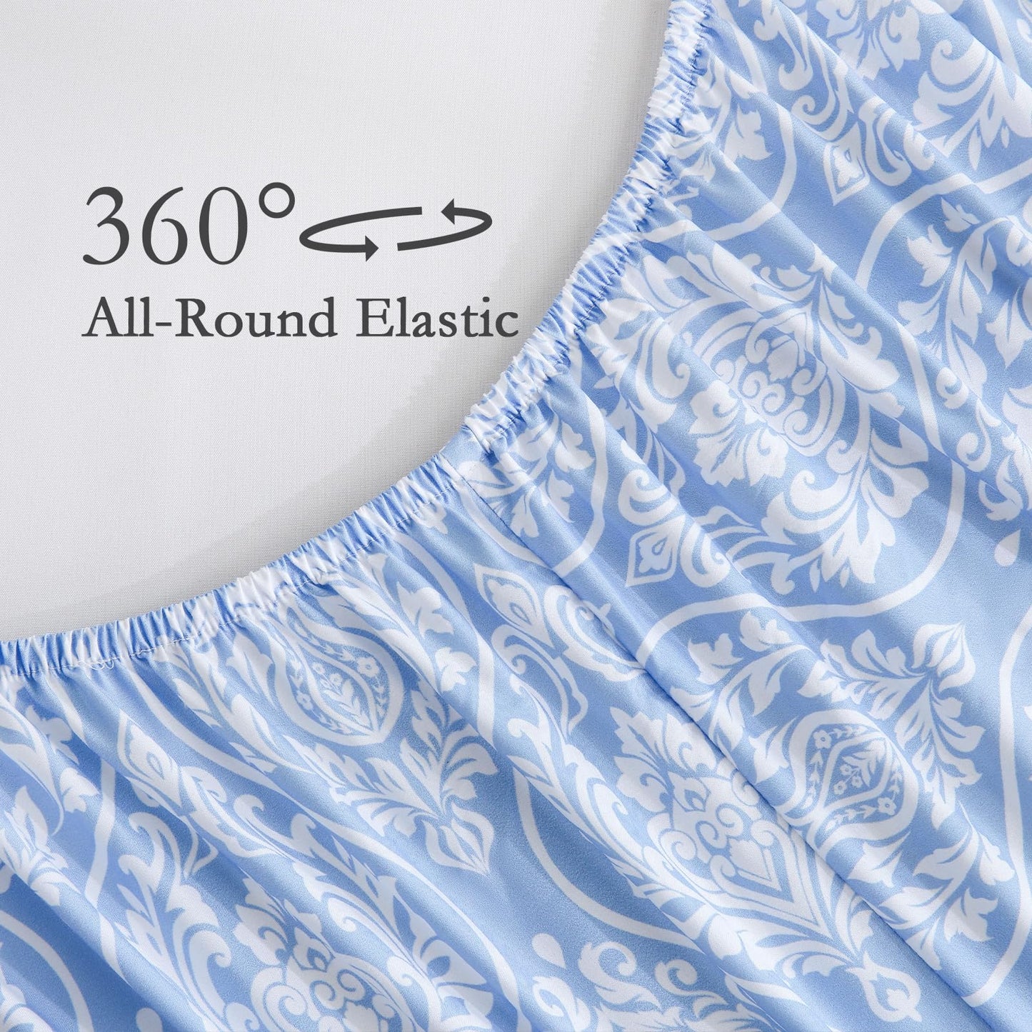 ChicView Queen Size Paisley Printed Sheet Set,4 Pieces Boho Style Breathable Soft Microfiber Bedsheets, Anti Pilling Deep Pockets Easy Care Bed Sheets, White Blue
