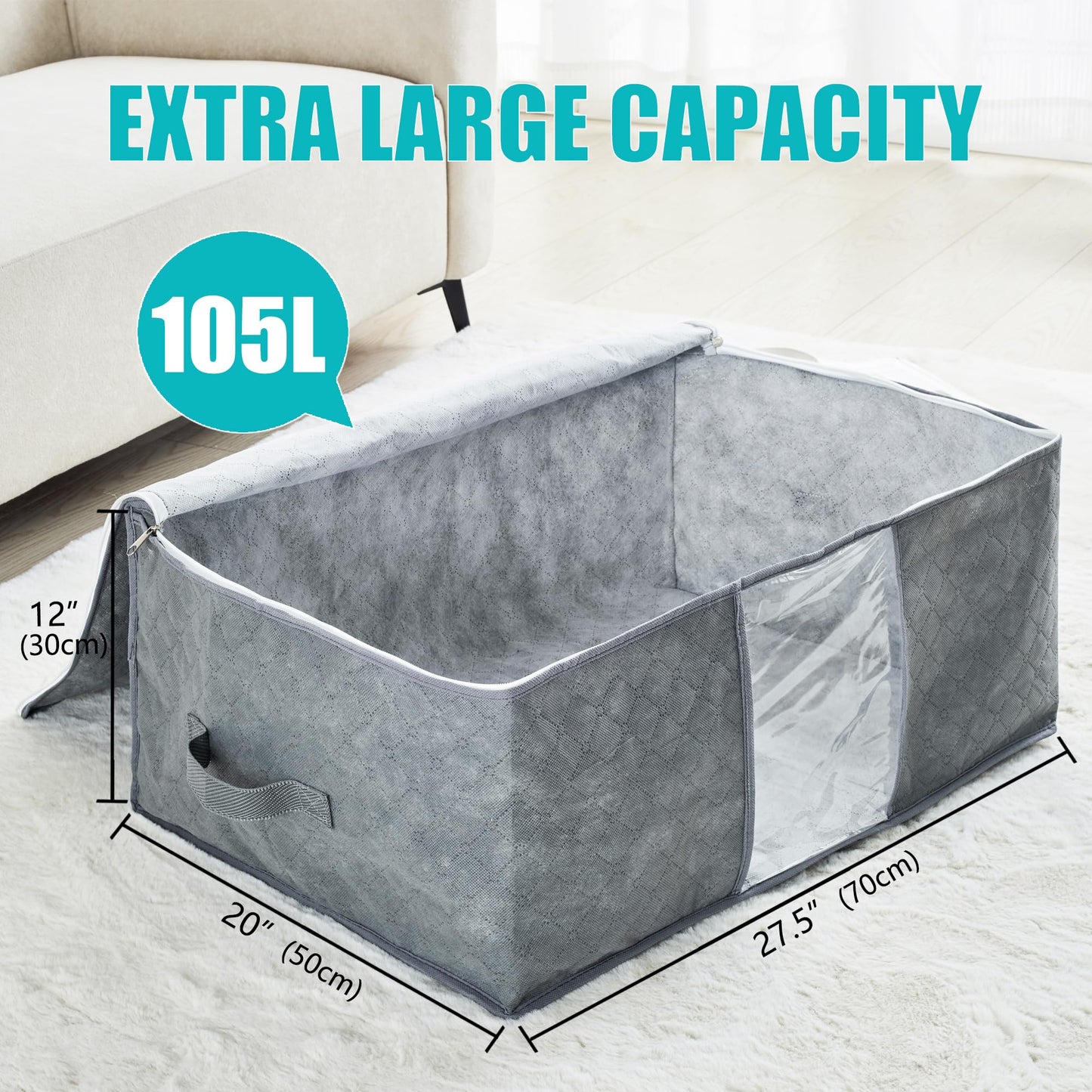 105L Extra Large Storage Bags for Blankets, King Comforters, Bedding, Clothes, Pillows, Sheets - Closet Organizers and Storage with 4 Handles & Clear Window, Foldable & Breathable (Grey, 6pack)