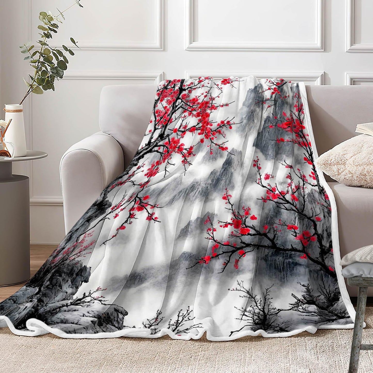 DYNH Japanese Cherry Blossom Throw Blanket, Asian Nature Landscape Mountain Cherry Branches Ink Painting Soft Warm Flannel Black White Grey Throw Blanket,50X60