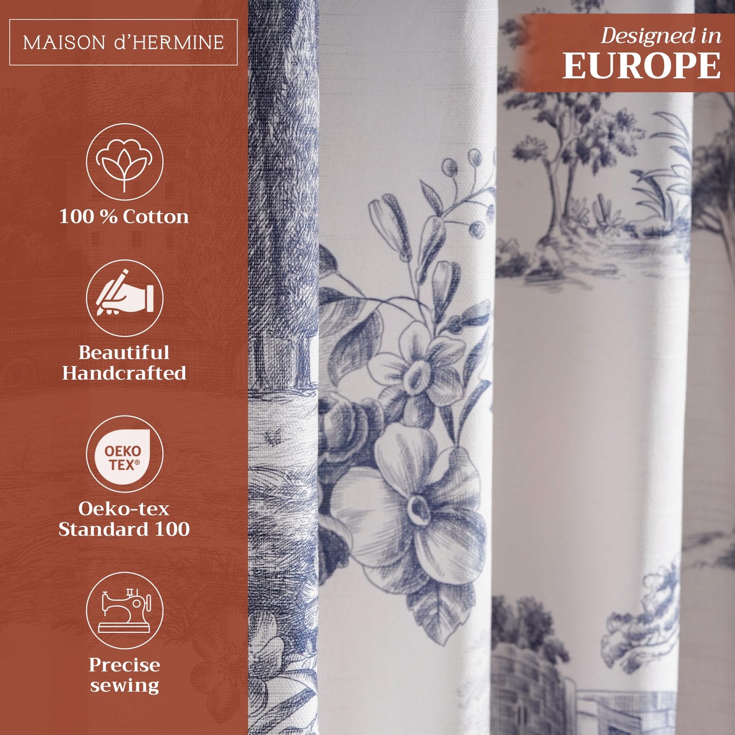Maison d' Hermine Curtains for Living Room 100% Cotton 96 inch Length One Panel Light Filtering Toile Curtains for Bedroom Windows with Rod and Loop Pockets Drapes (Trianon Blue, 50" W x 96" L)