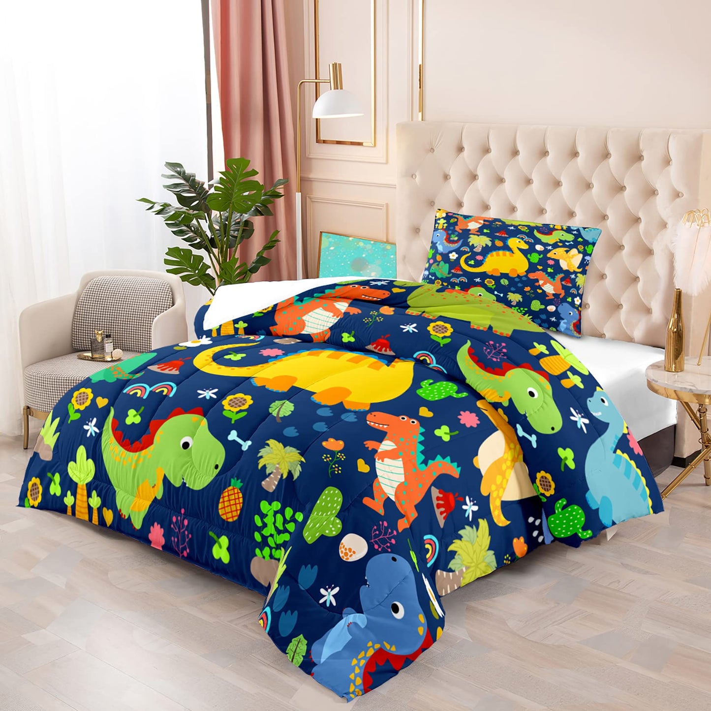 Dinosaur Comforter Set - Twin Bedding Set for Boys' Room, Blue & Green, Kids' Dinosaur Bedding Set, Twin (1 Comforter, 1 Pillowcase)