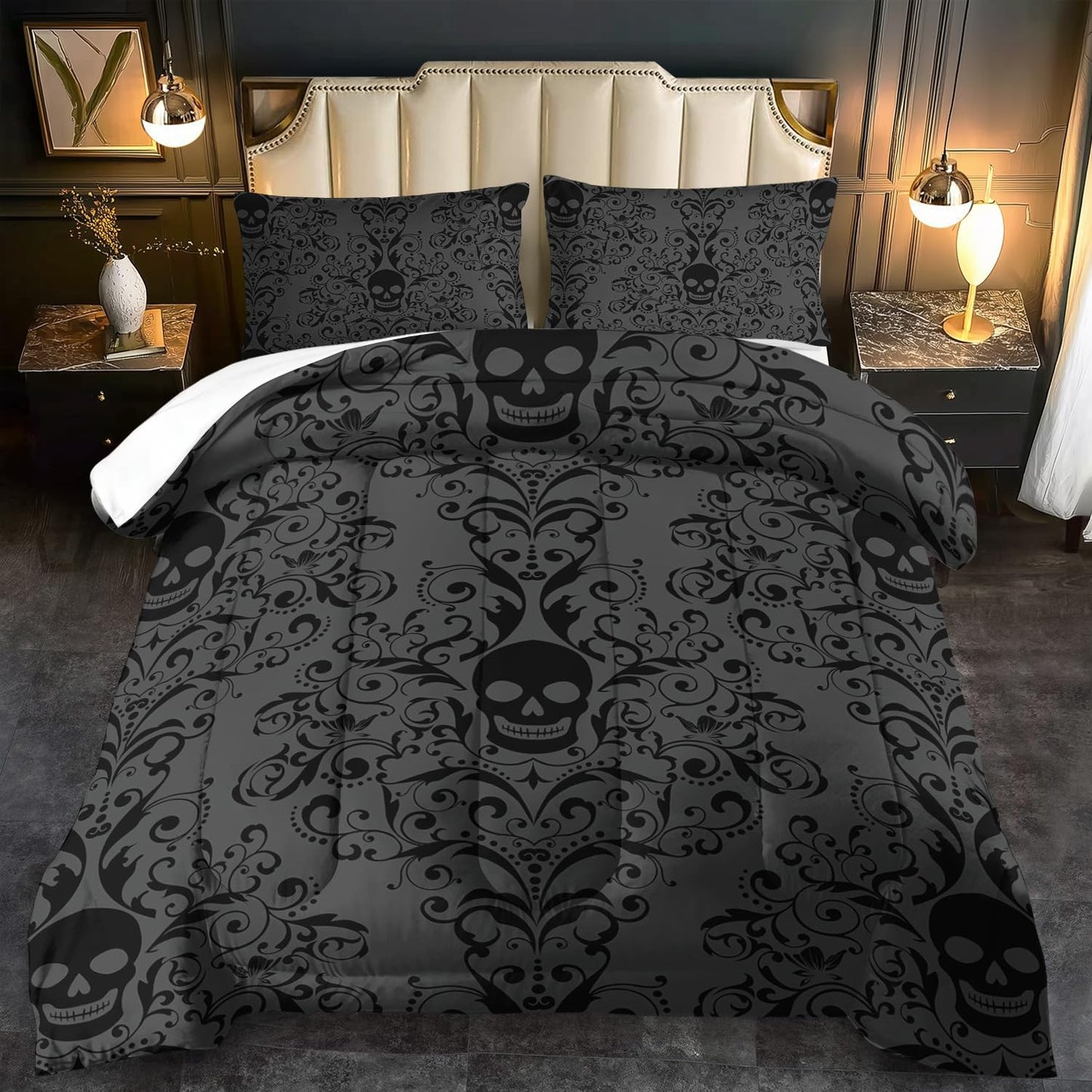llyxsesty Halloween Skull Comforter Set Queen Boys Hippie Bedding Set for Teens Black Goth Comforter Queen Girls Quilt Gothic Bedroom Decor Skull Bedding Halloween Home Decor