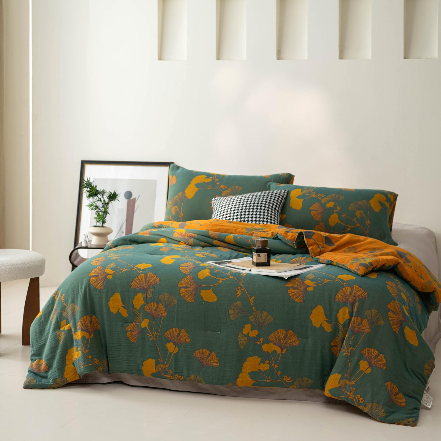 Purefair 100% Cotton Muslin Jacquard Comforter Set, Floral Ginkgo Leaves Print, Soft Lightweight Reversible 3 Piece Bedding Sets for All Season, Green Yellow, Full/Queen(90"x90")