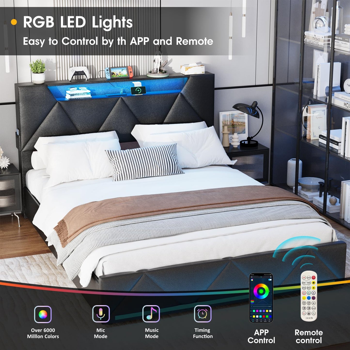 Vabches Full Bed Frame with Storage Headboard and 4 Drawers,Upholstered Platform with Charging Station and Led Lights,Adjustable Headboard with Pu Leather,No Box Spring Needed,Black