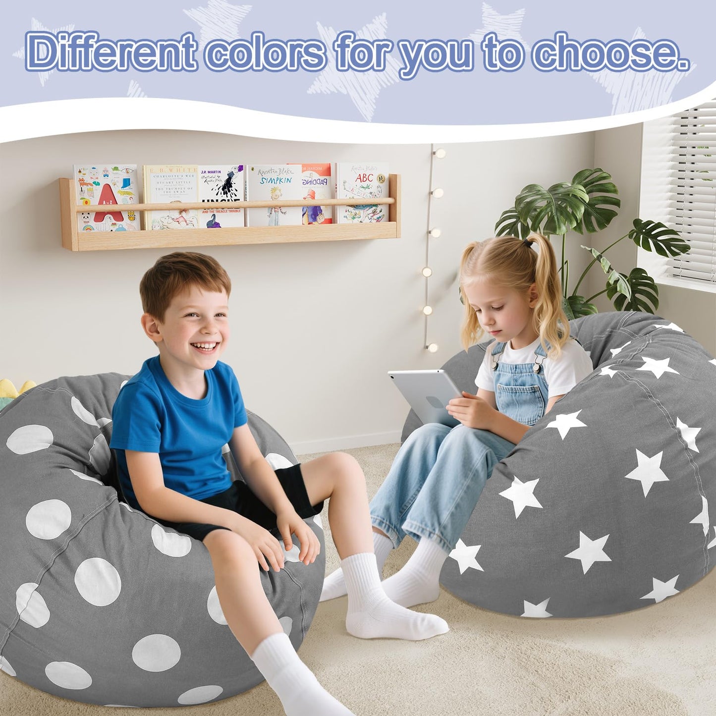 COMAX Bean Bag Chair for Kids, Kid Beanbag Chair Cute, Cotton Canvas Lazy Chair with Shredded Foam Filling, Stuffed Floor Sofa Couch for Boys and Girls, Grey Stars