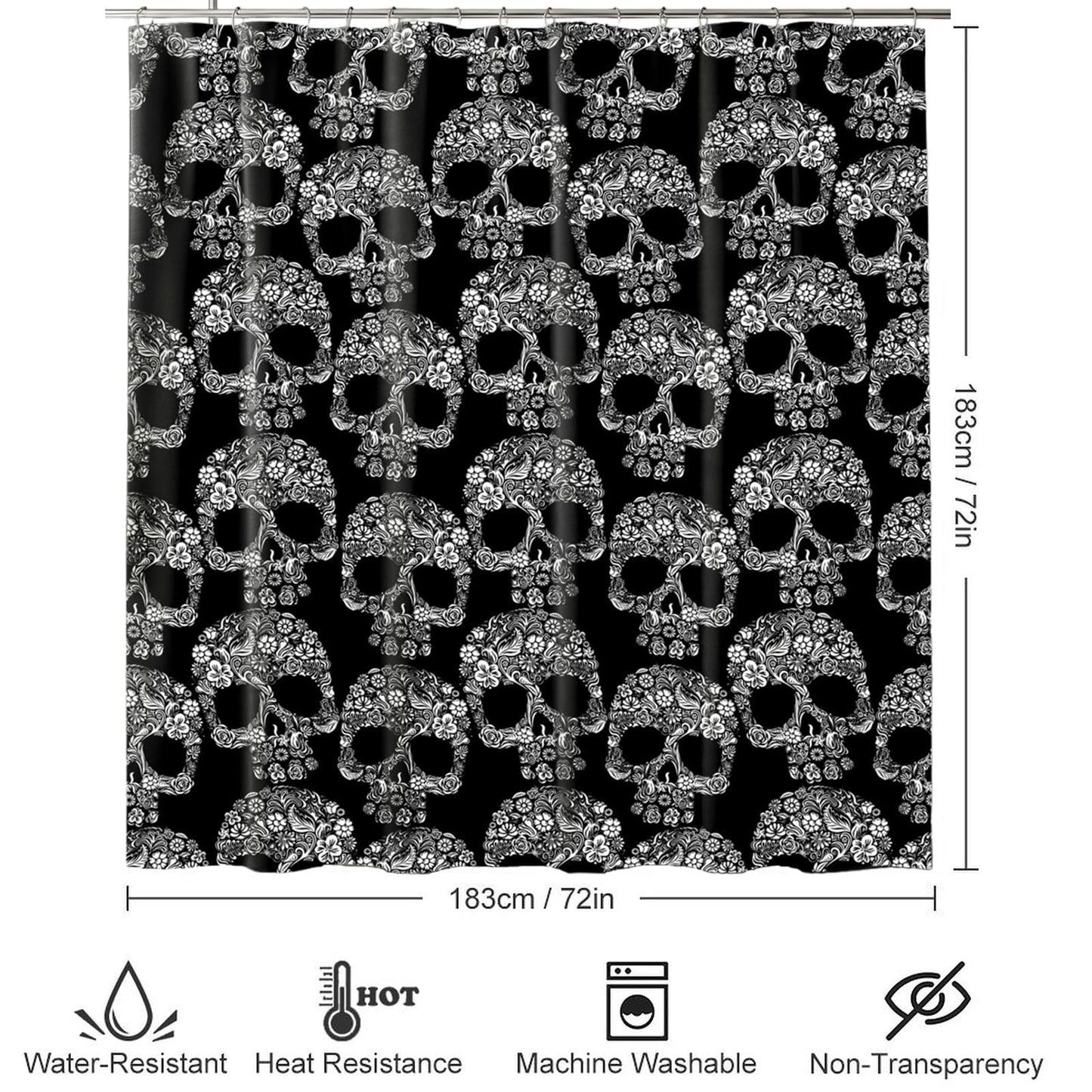 SDIII Sugar Skull Shower Curtain Set 72x72 Inch, Waterproof Microfiber Gothic Shower Curtain Set Skeleton for Victorian Goth Bathroom Decor Halloween