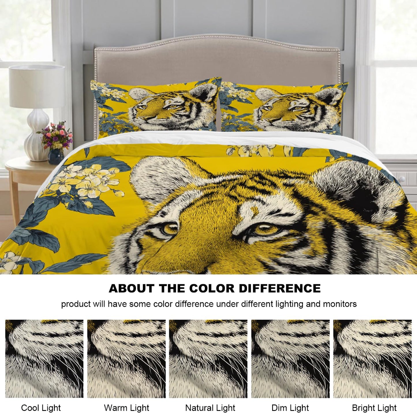 Batmerry Cute Tiger in Yellow King Size 3 Pieces Bedding Duvet Cover Sets, Soft Tiger Yellow Flowers 100% Cotton Printed Duvet Cover for All Season