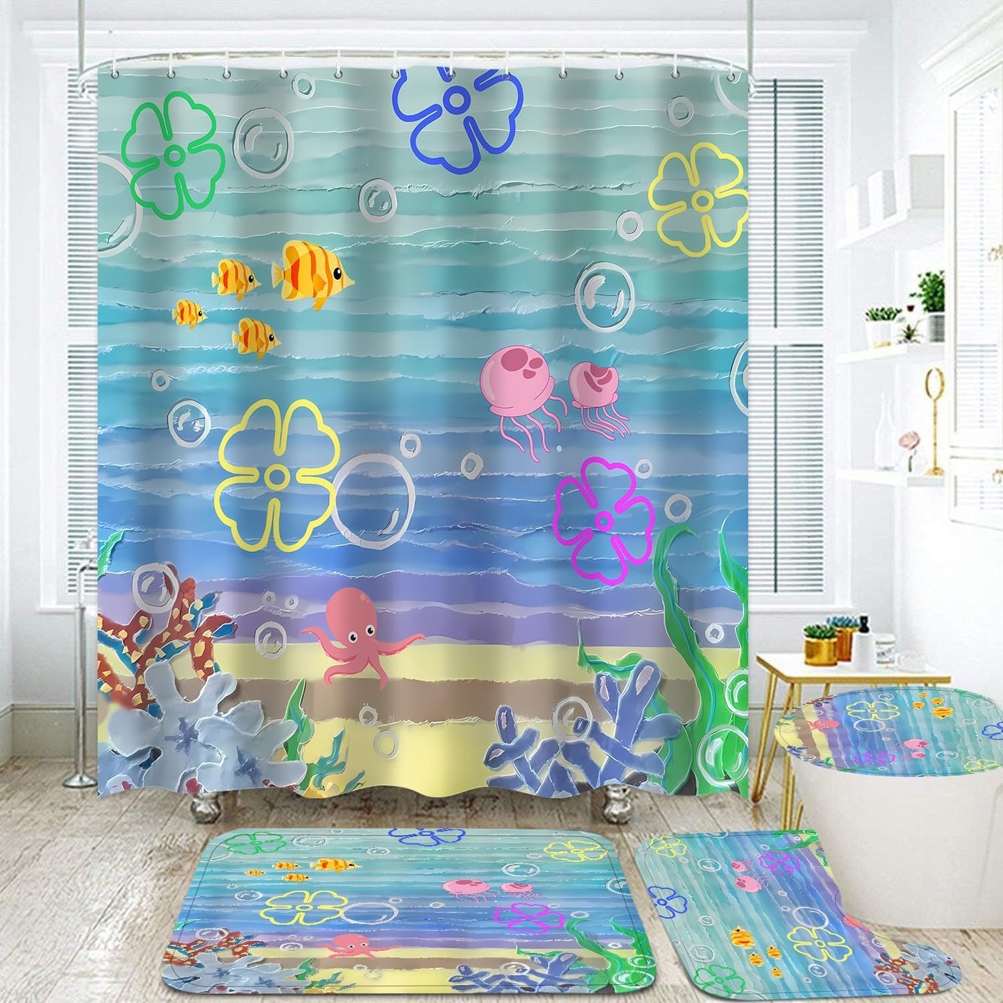 Yddsky 4Pcs Kids Ocean Cartoon Shower Curtain Set with Non-Slip Rugs, Toilet Lid Cover & Bath Mat, Waterproof Underwater Bathroom Decor Sets, Cute Marine Life Bathroom Accessories for Kids Bathroom
