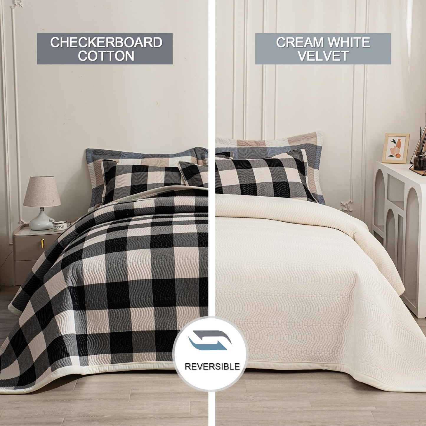 tohrisa Cotton Plaid Quilt Set, Ultra Soft 3 Pieces King Size Bedding with 2 Pillow Shams, Lightweight Reversible Coverlet Bedspread with Wave Quilting for Summer, 108"x96", Grid-Black White