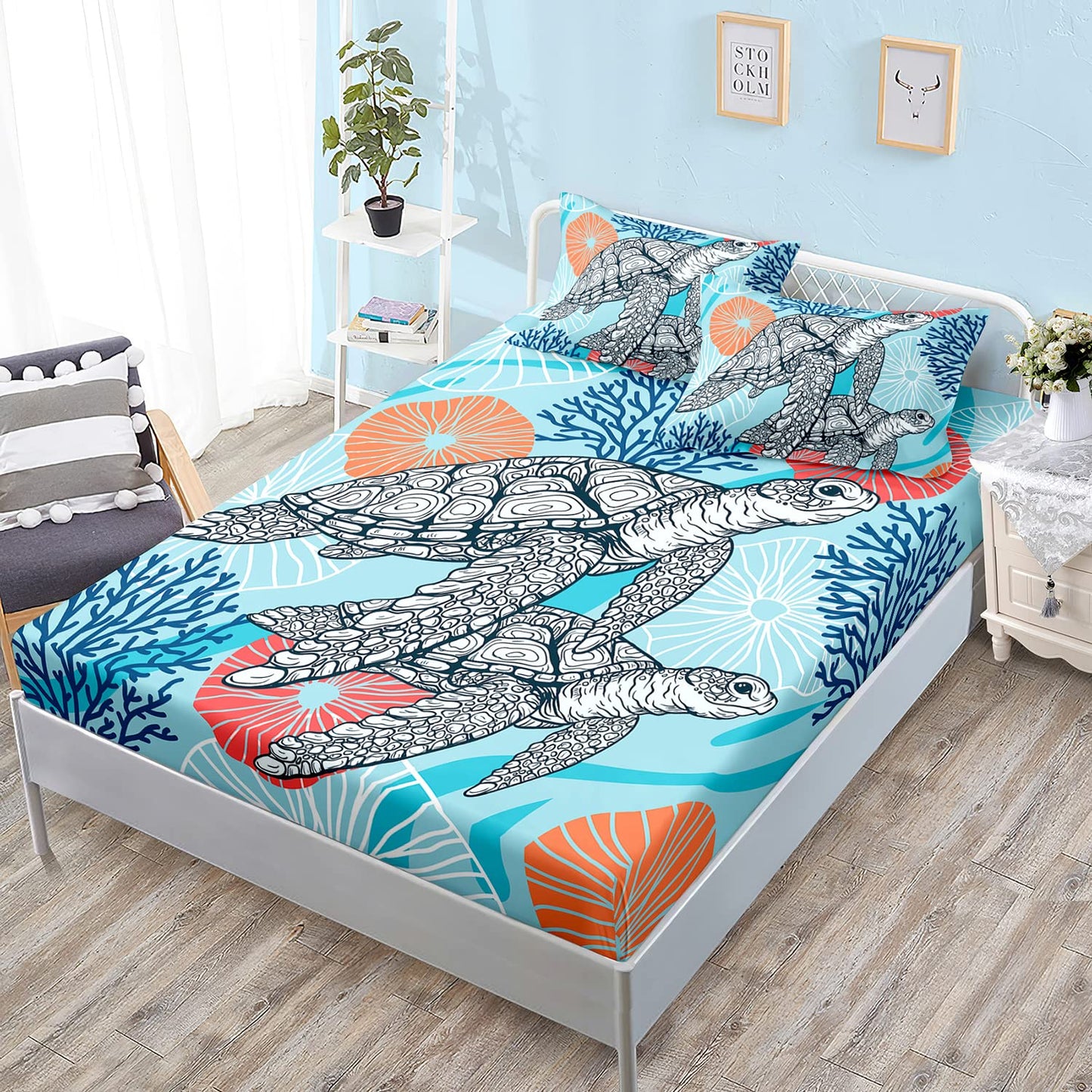 HOSIMA Sea Turtle Bedding Set,Coastal Beach Themed Bedroom Fitted Sheet Queen Size for Kids Teen Girls Boys Room Decor,1 Fitted Sheet+2 Pillowcases.