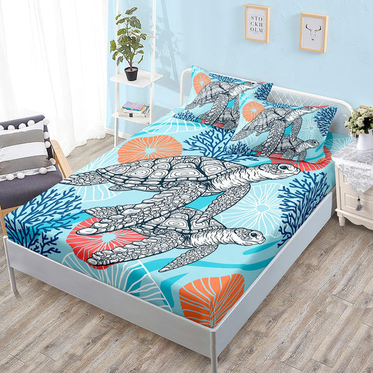 HOSIMA Sea Turtle Bedding Set,Coastal Beach Themed Bedroom Fitted Sheet Queen Size for Kids Teen Girls Boys Room Decor,1 Fitted Sheet+2 Pillowcases.