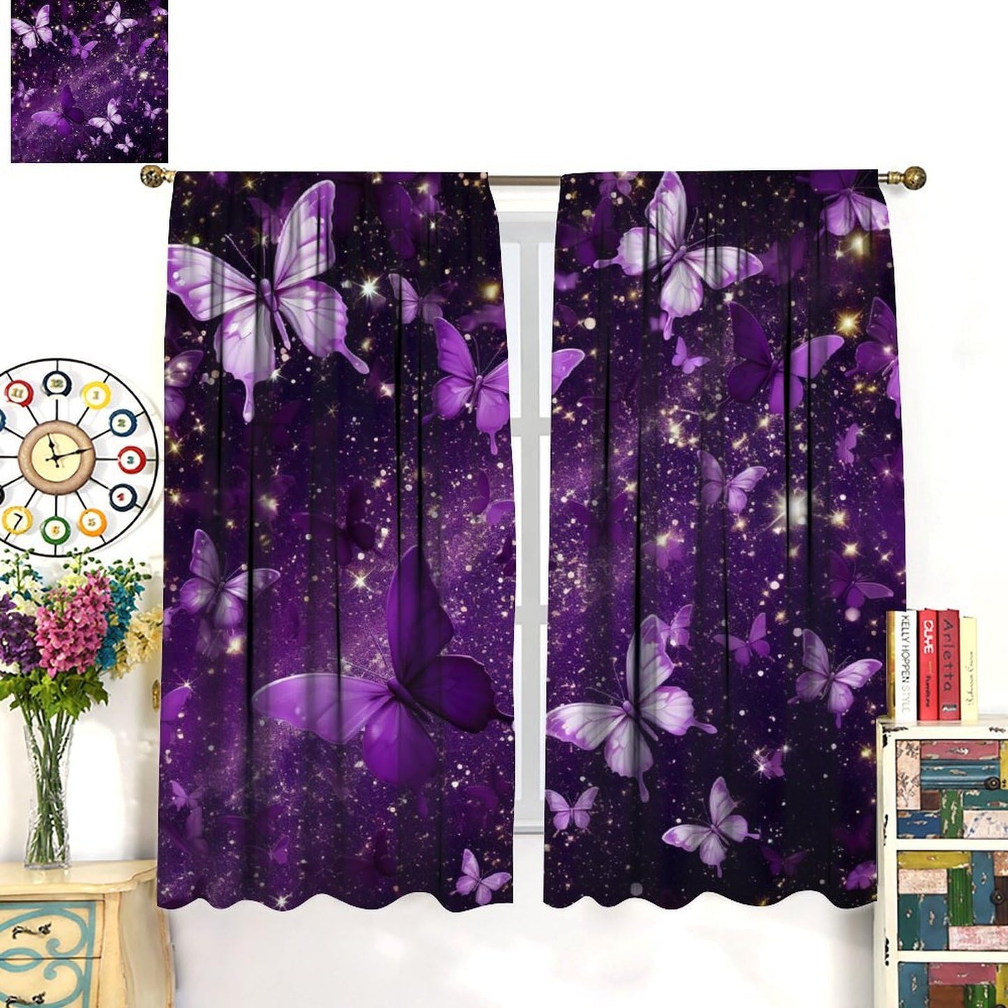 PHTAYOT Butterfly Curtains, Purple Dream Fantasy Starlight Butterfly Pattern for Kids Girls Room Decor, Print Drapes for Living Room Bedroom Kitchen 2 Panel Set 20.5" W X 45" L