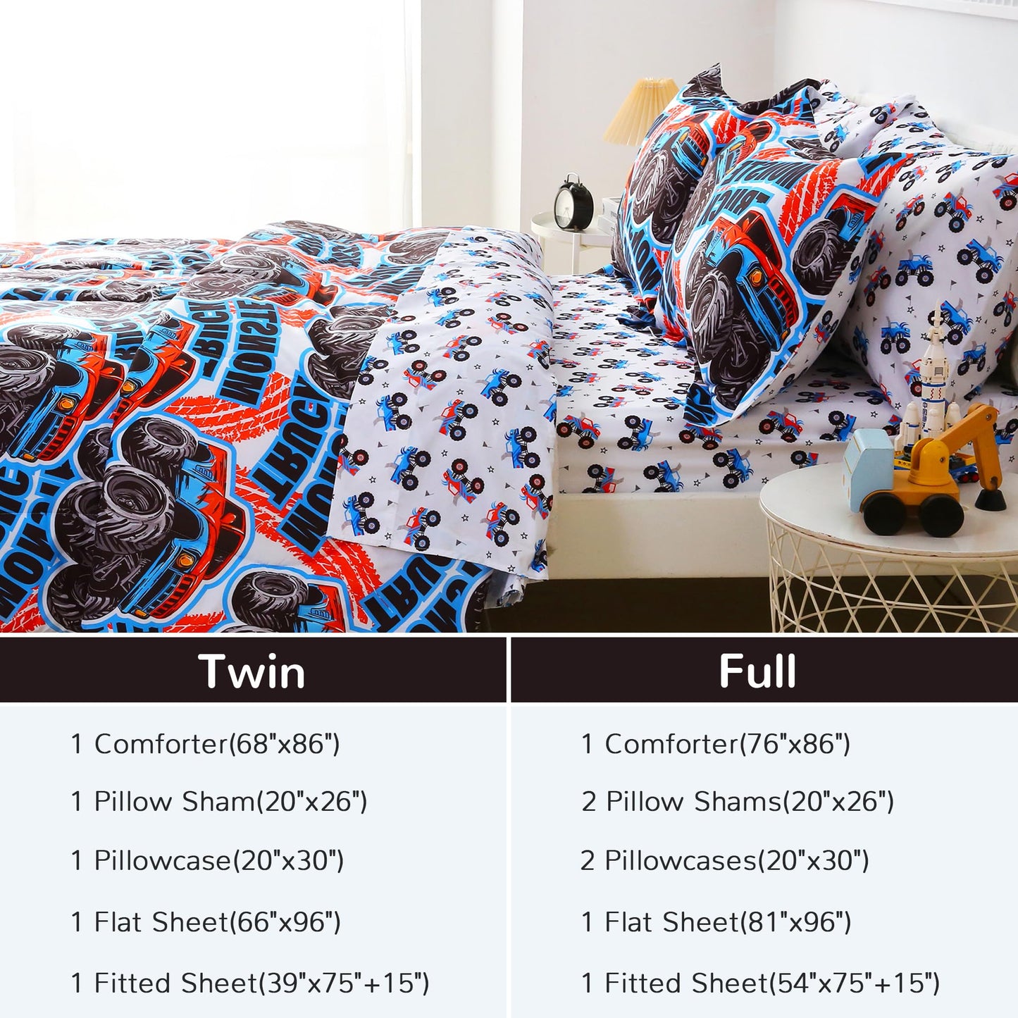 Viviland Kids Twin Bedding Sets for Boys, Soft Twin Comforter Set with Sheets, 5 Pieces Microfiber Bed in a Bag, Monster Truck
