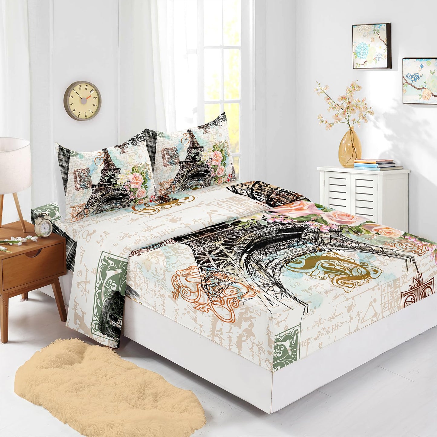 Nttopship Romantism 4 Pieces Bed Sheets Soft Microfiber,Eiffel Tower Bedding Set Fitted Sheet Deep Pockets Top Flat Sheet Room Decor Romantic Floral Queen Size with 2 Pillowcases for Girls and Boys