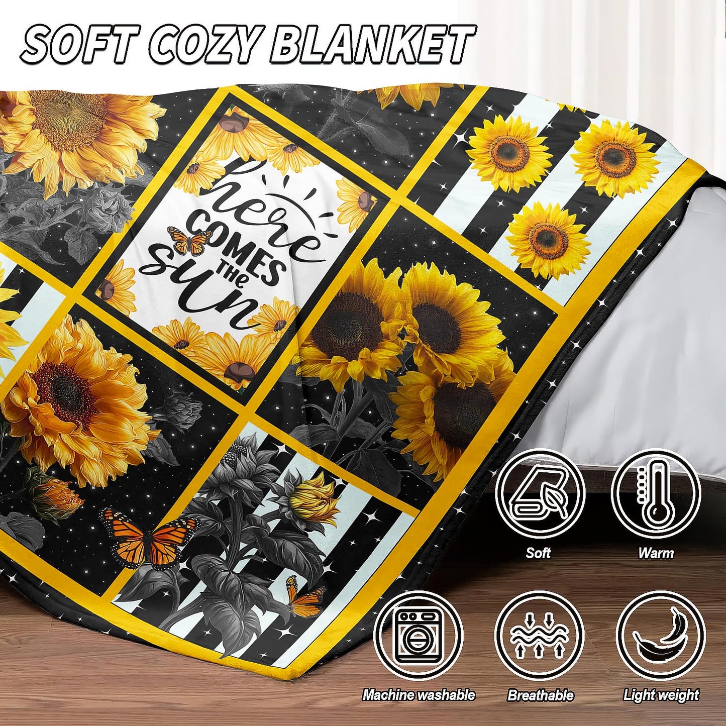XSMEI Sunflower Throw Blanket, Stars Butterfly Stripe Design, Soft Cozy Fleece Blanket for Couch Bed, 60 x 80 Inches