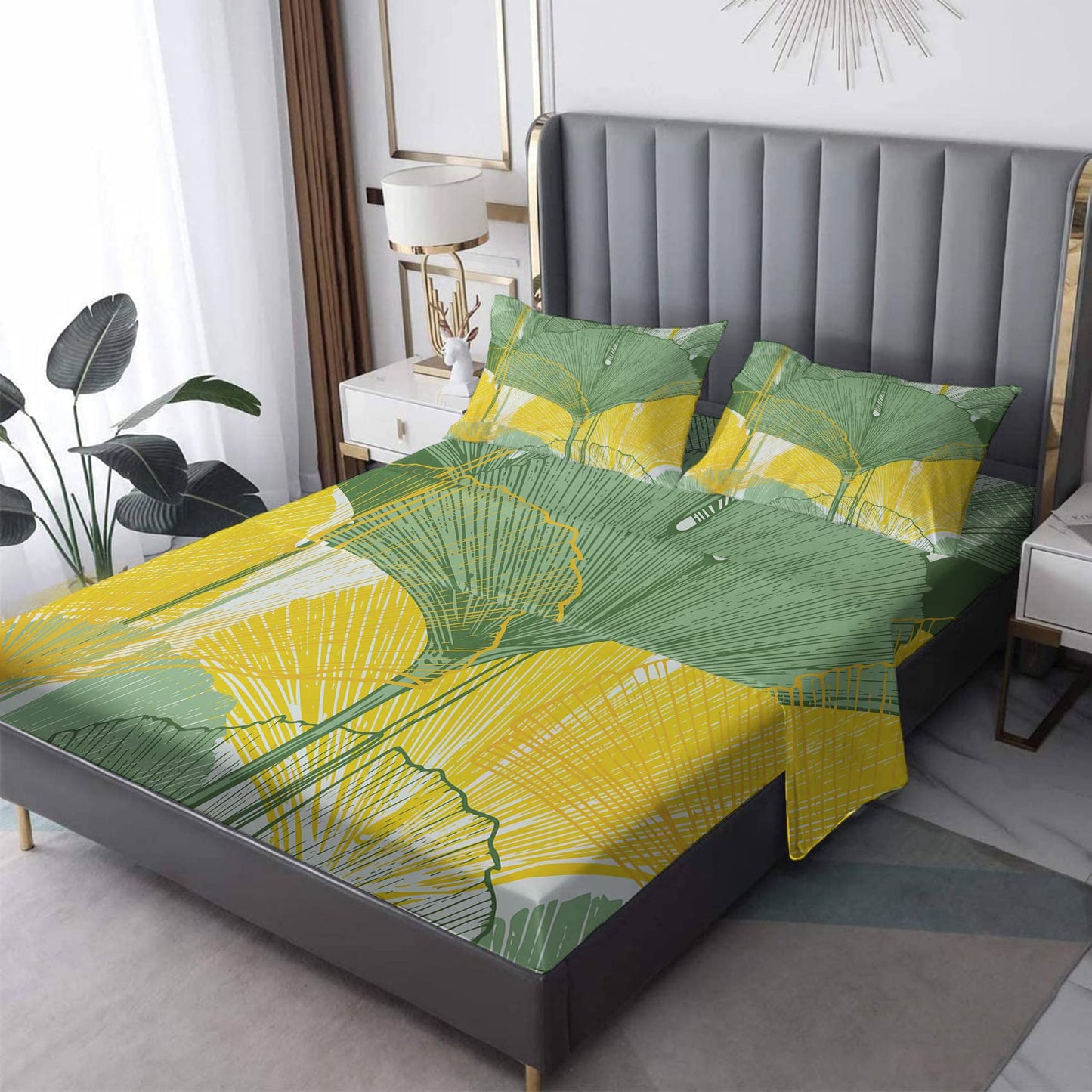 NOGAWA Gingko Leaves Sheets Queen Size, Yellow Green Print Bed Sheets, Patterned Bedding Sheets & Pillowcases 4 Piece Set - Soft Microfiber Deep Pocket Fitted Sheet & Flat Sheet & 2 Pillow Cases