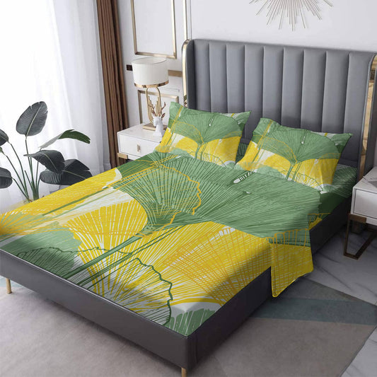 NOGAWA Gingko Leaves Sheets Queen Size, Yellow Green Print Bed Sheets, Patterned Bedding Sheets & Pillowcases 4 Piece Set - Soft Microfiber Deep Pocket Fitted Sheet & Flat Sheet & 2 Pillow Cases
