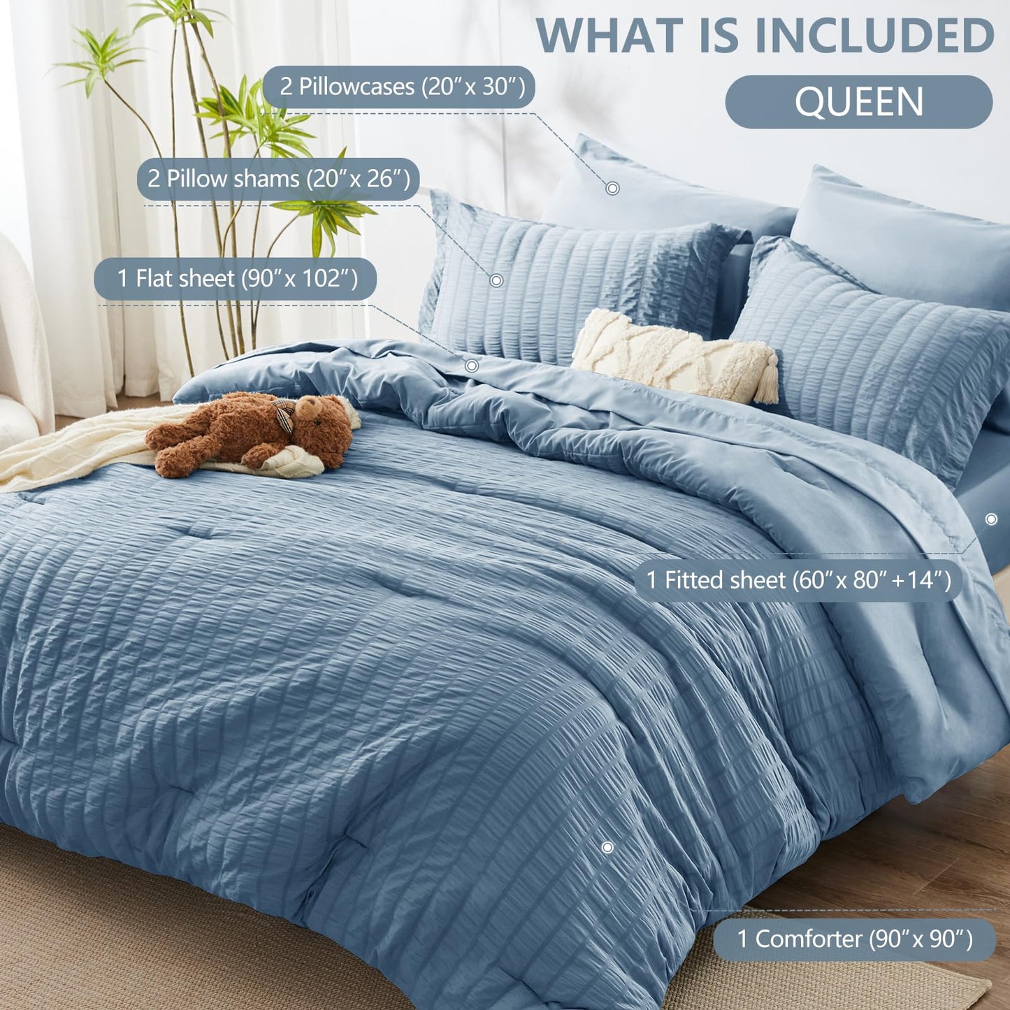 HIMEET Queen Comforter Set - 7 Pieces Seersucker Bed in a Bag, Boho Bedding Sets for Bedroom Decor, All Season Home Essential Bed Set with Comforter, Sheets, Pillowcases & Shams, Grayish Blue