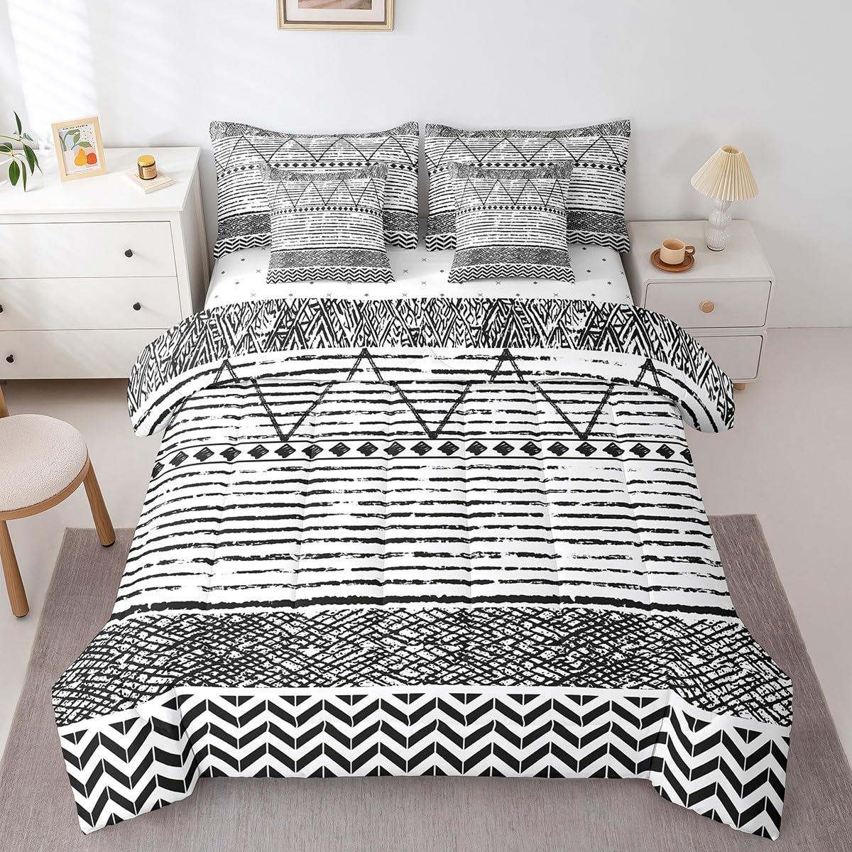 Bohemian Full Size Bed Sheets and Comforter Set,Grey Boho Aztec 7 Piece Bedding Set Geometric Tribal Striped Bed in a Bag,Nordic Ethnic Lines Western Bed Sets