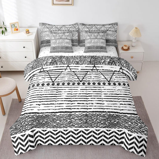 Bohemian Full Size Bed Sheets and Comforter Set,Grey Boho Aztec 7 Piece Bedding Set Geometric Tribal Striped Bed in a Bag,Nordic Ethnic Lines Western Bed Sets