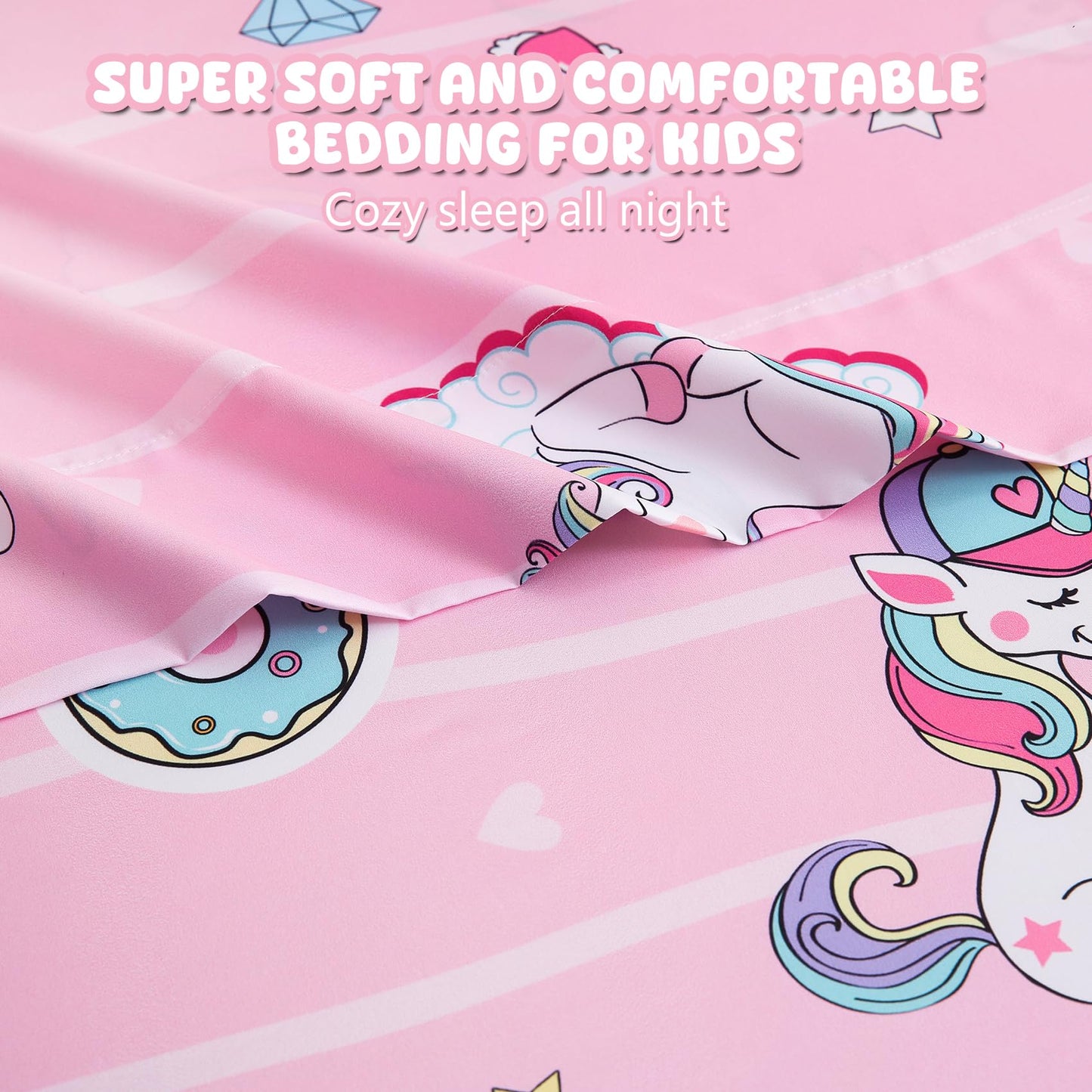 Ocharo Unicorn Twin Sheets Set Kids - 3 Pcs Girls Rainbow Printed Microfiber Bed Sheets,Pink Cartoon Style Deep Pocket Fitted Sheets,Soft Cute Sheets for Bedroom Room