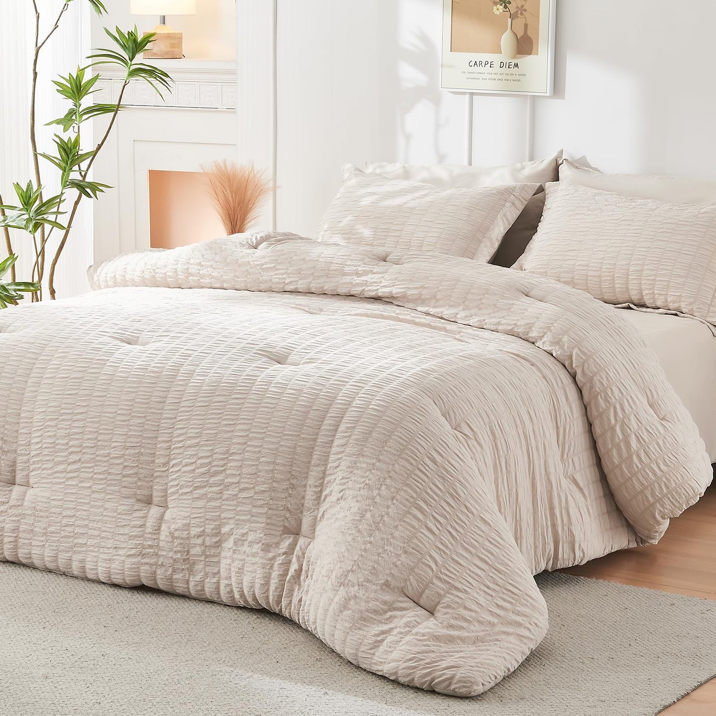 HYMOKEGE Beige Full Size Comforter Sets Seersucker 7 Pieces, All Season Luxury Bed in a Bag for Bedroom, Bedding Set with Comforters, Sheets, Pillowcases & Shams