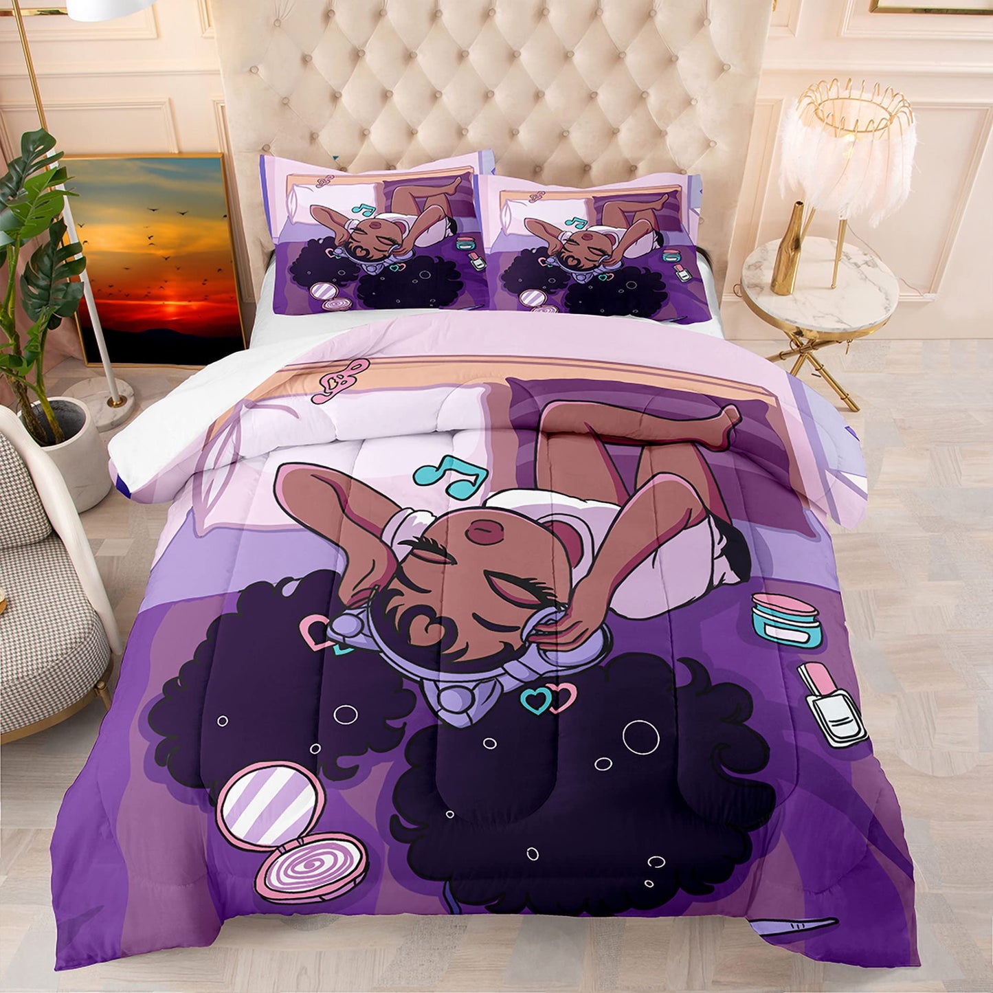 kodhyvj African American Black Girl Comforter Set Twin Size, Black Girls Magic Duvet for Kawaii Bedroom Decor, Girl Love Music Purple Bedding Set with 1 Comforter +1 Pillowcase