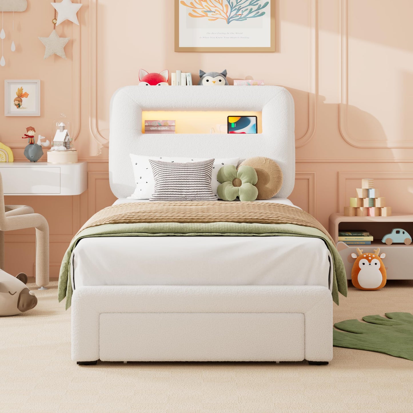 VINTLJUS Twin LED Bed Frame with Storage Headboard & Charging Station, Kids Bed Frames with Bookcase, Teddy Fleece Upholstered Platform Bed Frames with 1 Storage Drawer, No Box Spring Needed, Beige